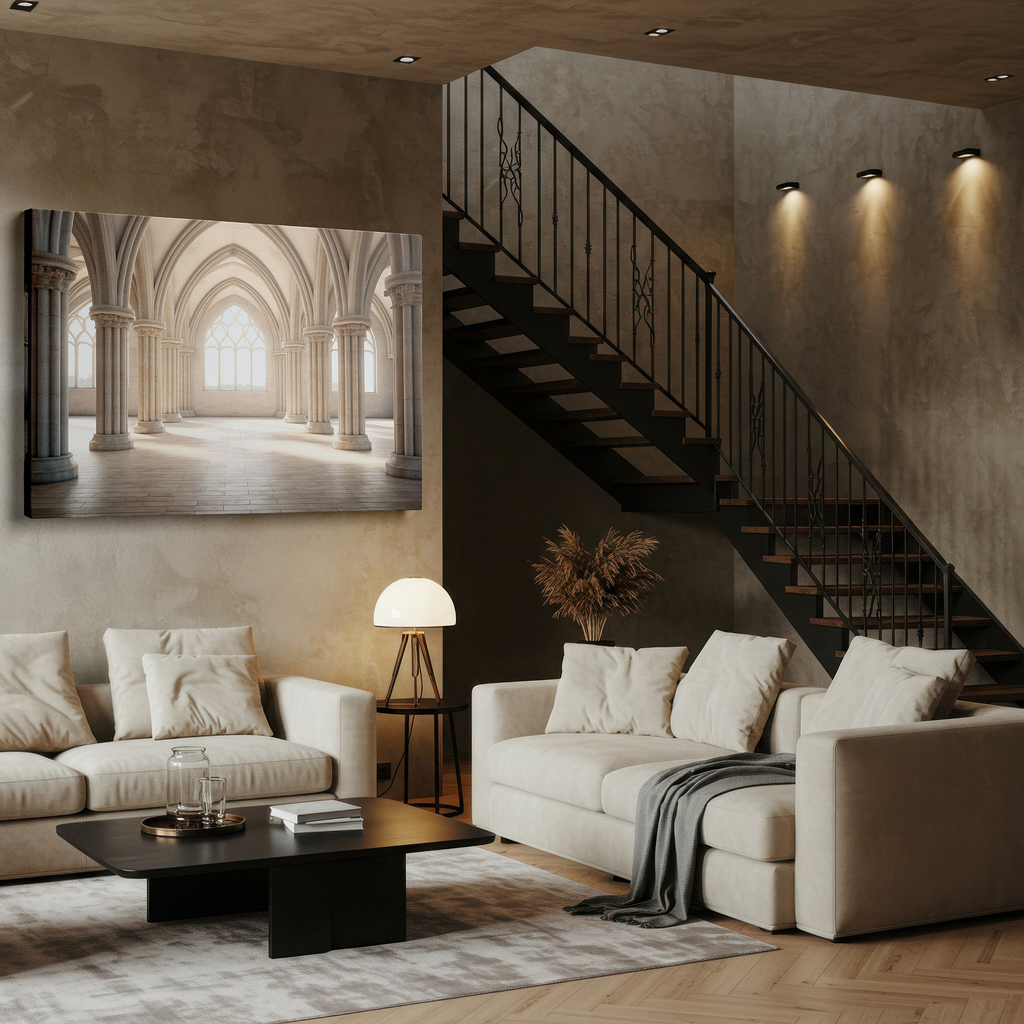 Displayed above a contemporary leather sofa in warm light — grand gothic interior canvas featuring towering arches and detailed pillars, ideal for office and bedroom wall decor