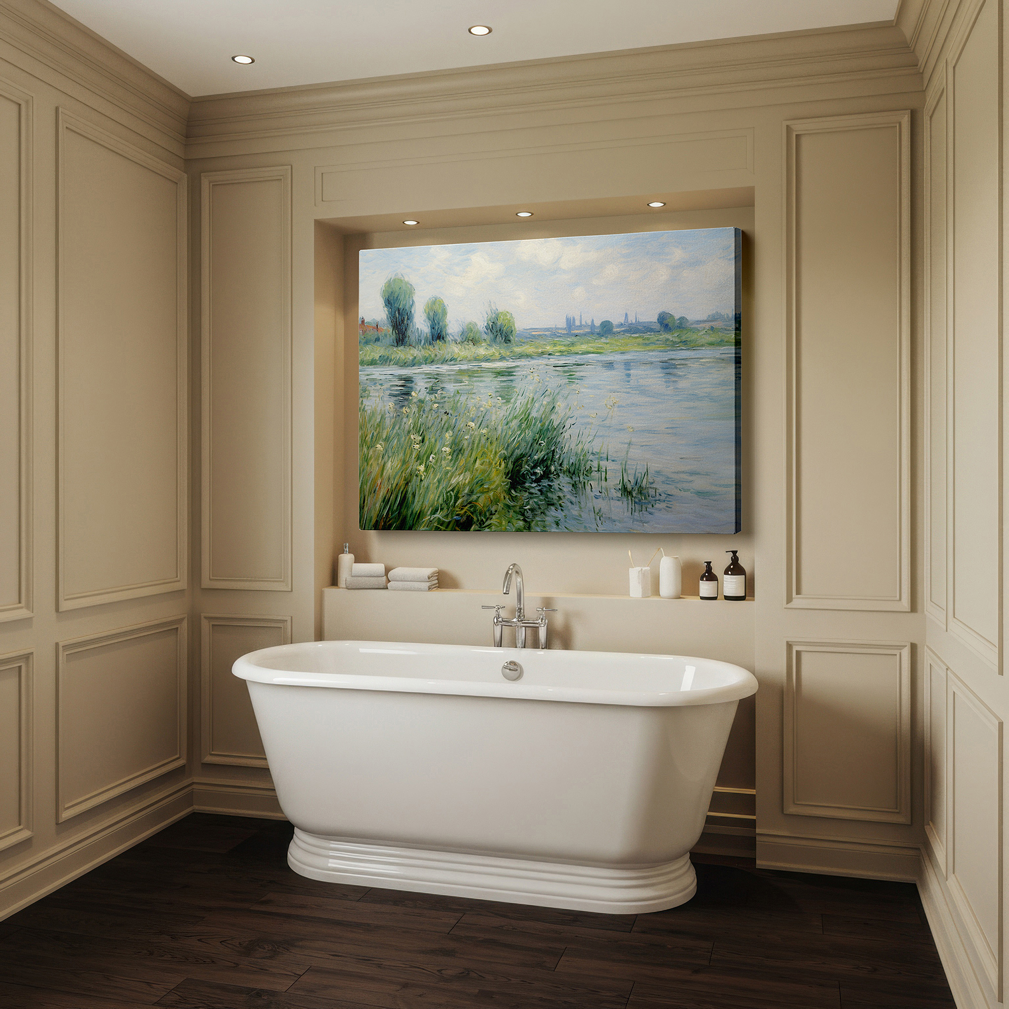 Displayed above a contemporary leather sofa in warm light — idyllic countryside serenity and timeless rural charm beneath an expansive blue sky large wall art, canvas wall art, wall decor, office wall art