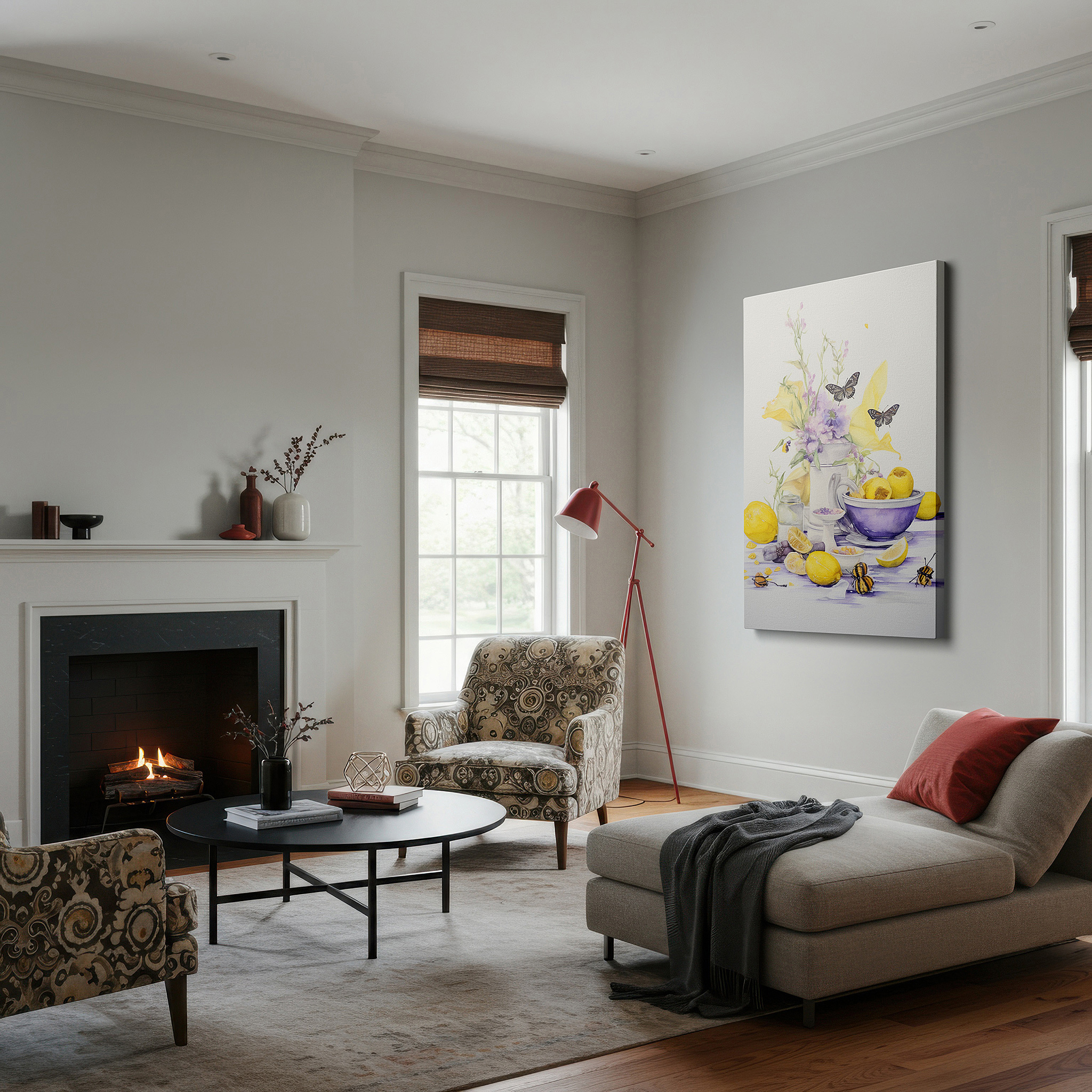 Displayed above a contemporary leather sofa in warm light — lemon and butterfly serenity large wall art, canvas decor for office and bedroom