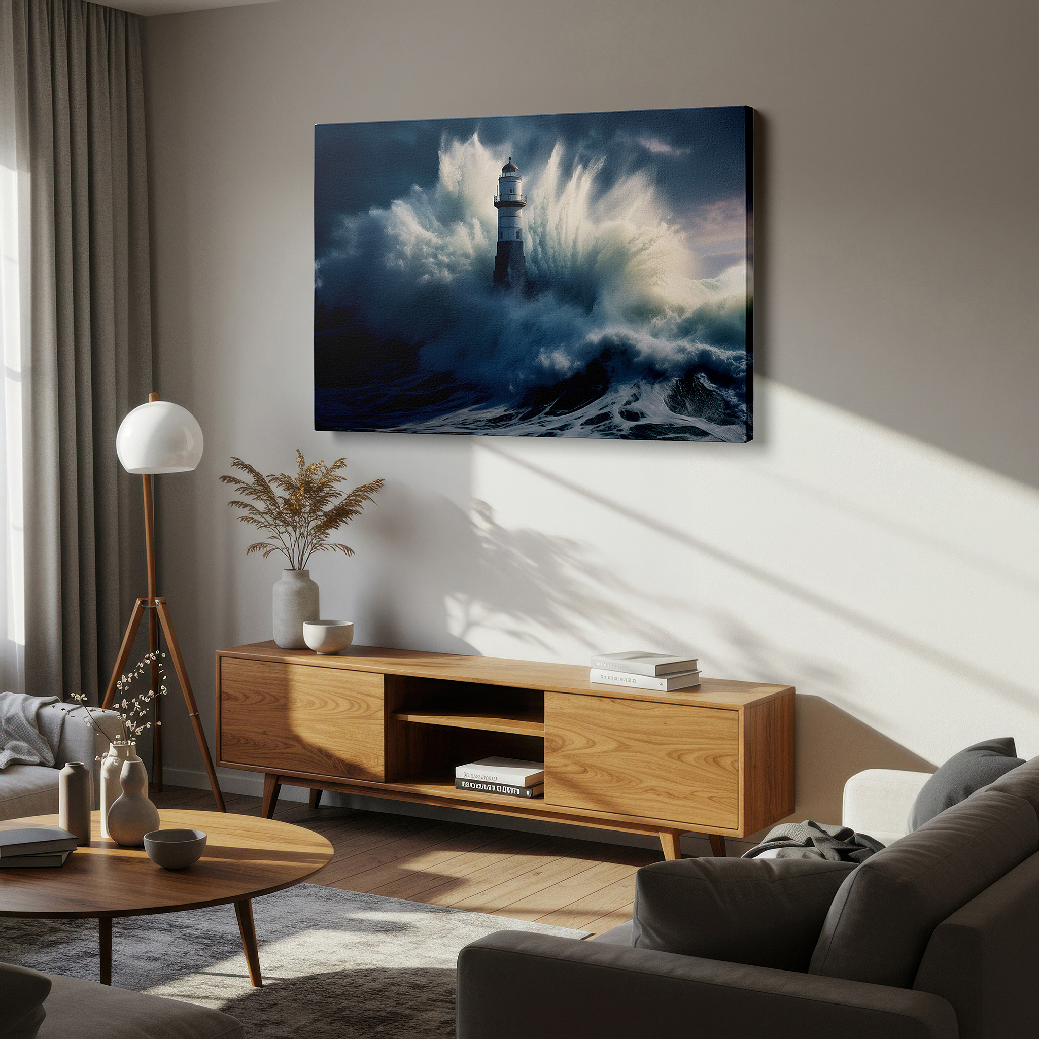 Displayed above a contemporary leather sofa in warm light — lighthouse amidst nature's fury wall art - symbolizing resilience and hope, perfect for office, bedroom, and home decor, available as large canvas art