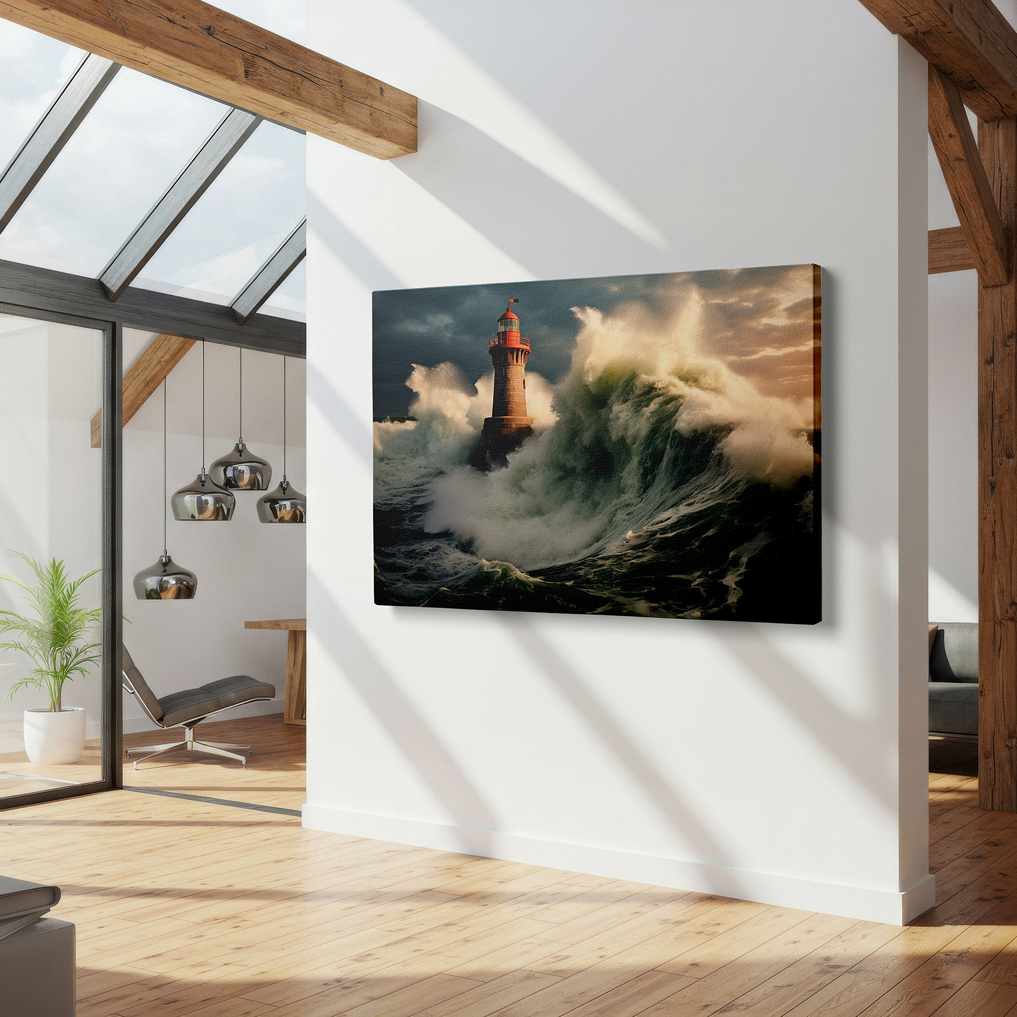 Displayed above a contemporary leather sofa in warm light — lighthouse amidst stormy seas wall art - symbolizing resilience and hope, perfect for office, living room, or bedroom decor, available as large canvas art