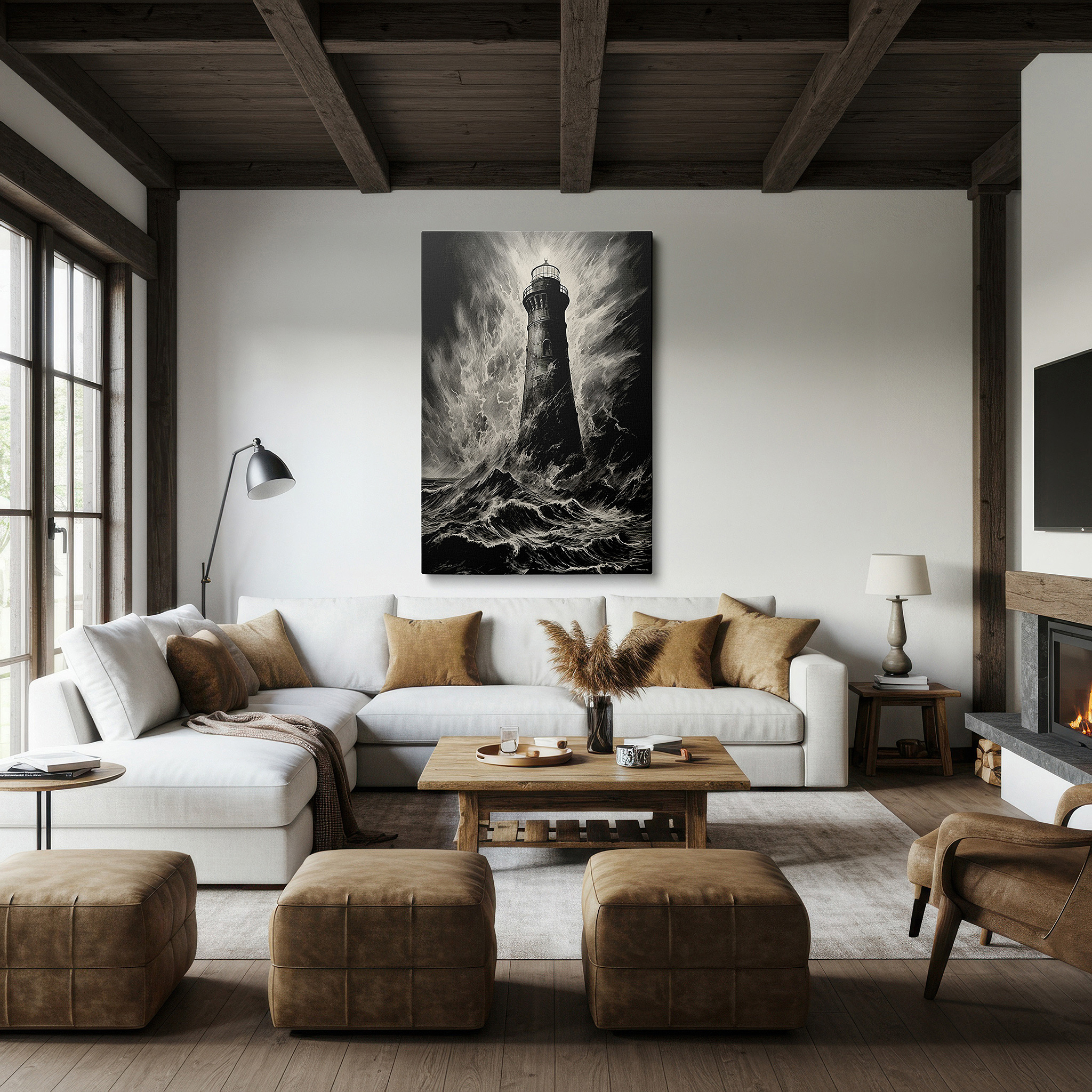 Displayed above a contemporary leather sofa in warm light — lighthouse beacon of resilience: timeless maritime masterpiece in black and white - large canvas wall art for office decor
