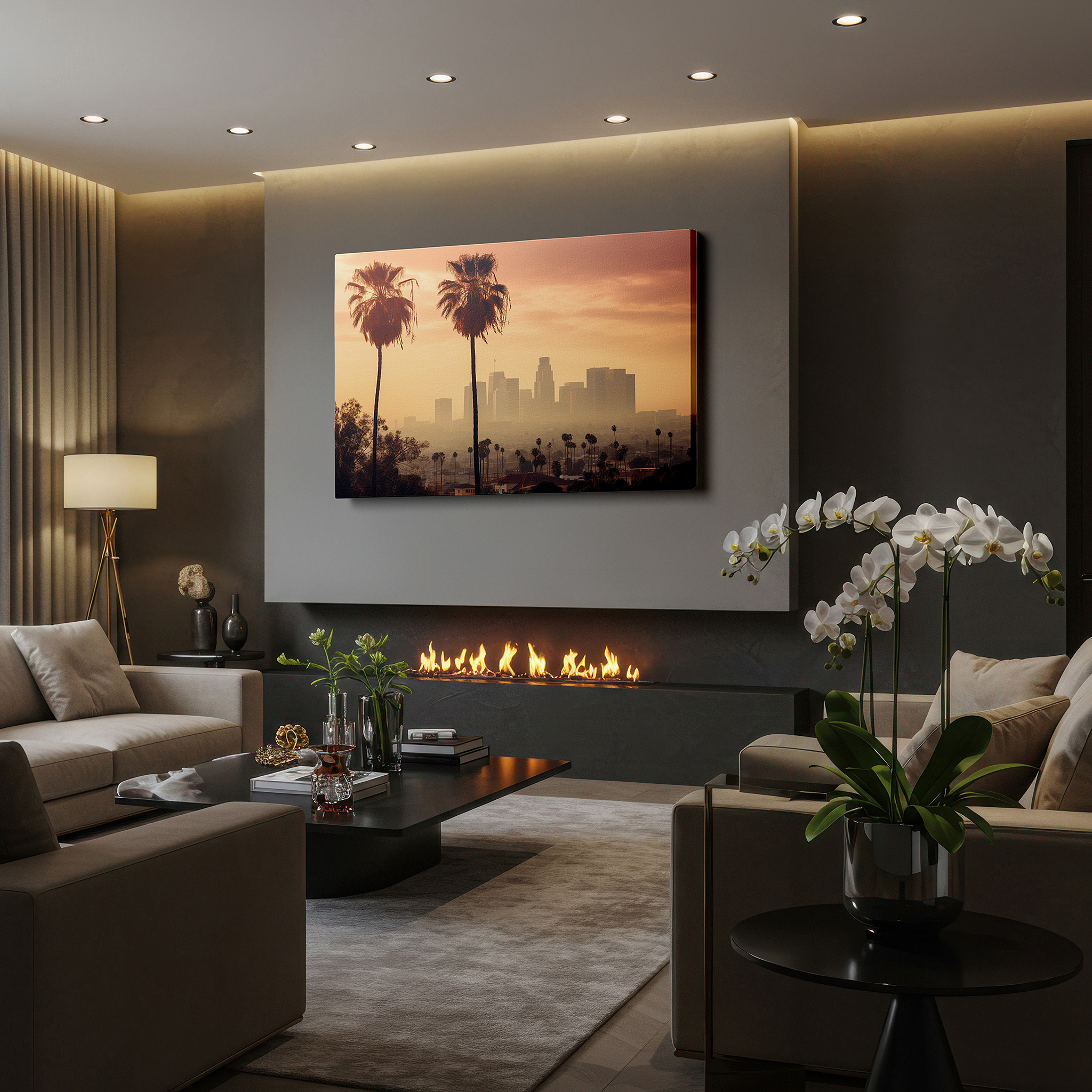 Displayed above a contemporary leather sofa in warm light — los angeles sunset wall art: serene city and nature fusion - large canvas for home and office decor, perfect for living room and bedroom