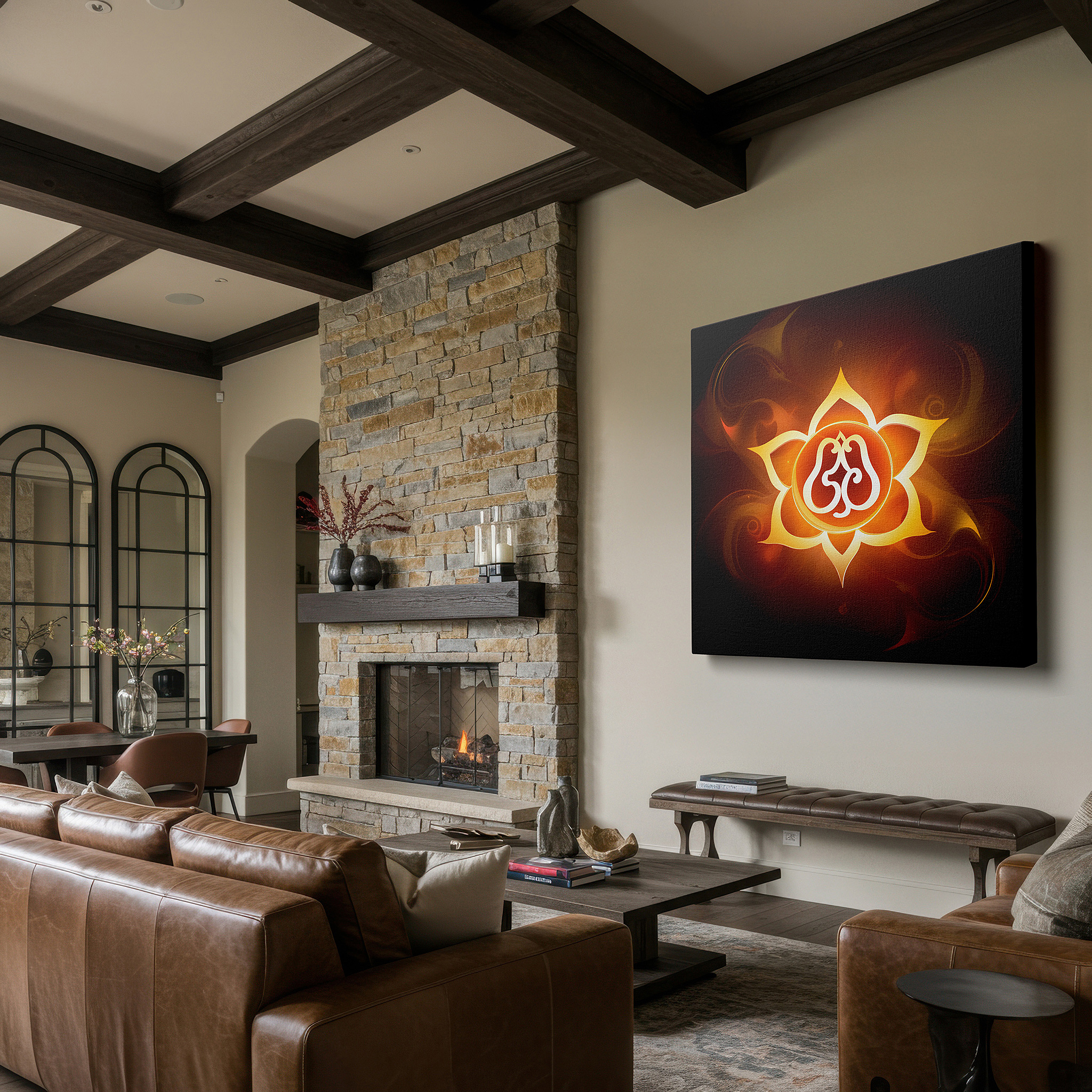Displayed above a contemporary leather sofa in warm light — lotus of enlightenment wall art: radiant symbol of purity and resilience in fiery hues - large canvas art for home and office decor, perfect for living room and bedroom