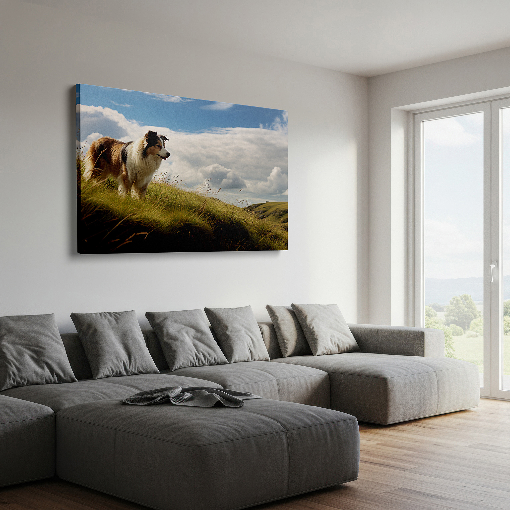 Displayed above a contemporary leather sofa in warm light — majestic collie: guardian of the verdant hillside - a symphony of nature and tranquility, large canvas wall art for home and office decor