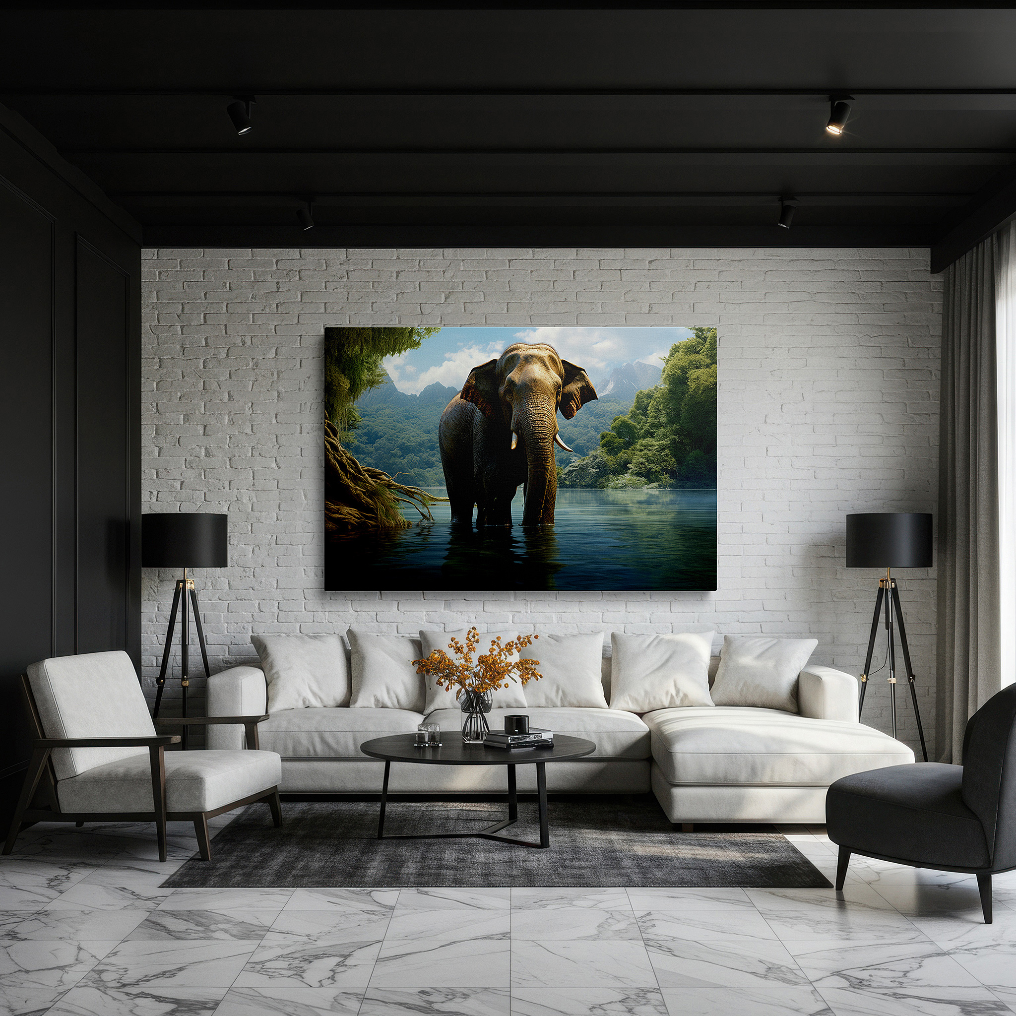 Displayed above a contemporary leather sofa in warm light — majestic elephant in shallow waters amidst lush greenery at dawn - large canvas wall art for office and bedroom decor