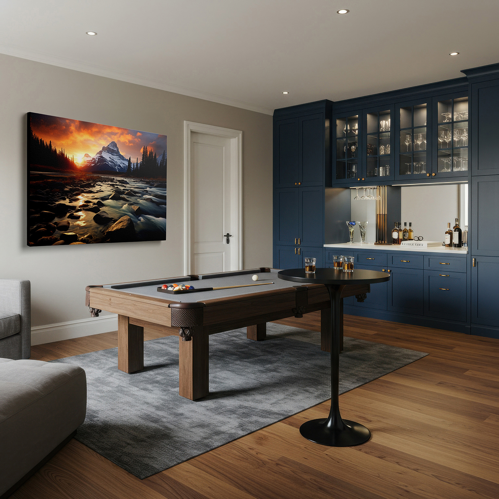 Displayed above a contemporary leather sofa in warm light — majestic mountain sunset, stunning natural beauty large wall art, canvas wall art, wall decor for office and bedroom