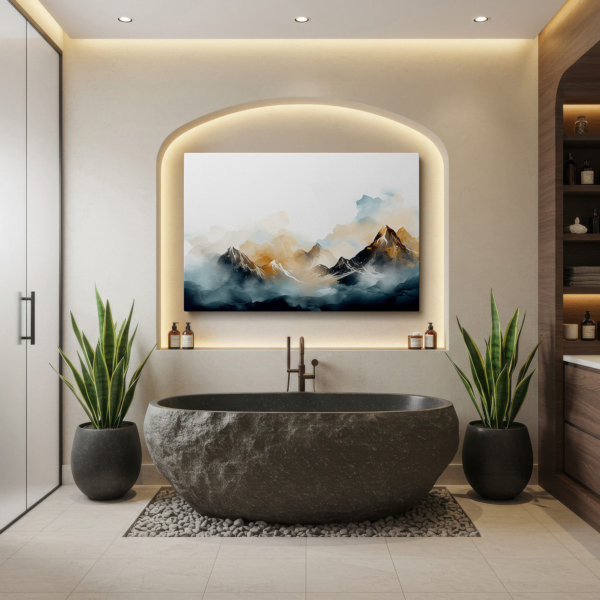 Displayed above a contemporary leather sofa in warm light — majestic mountains shrouded in mist, play of light and shadow, large wall art, canvas wall art, wall decor for office and bedroom