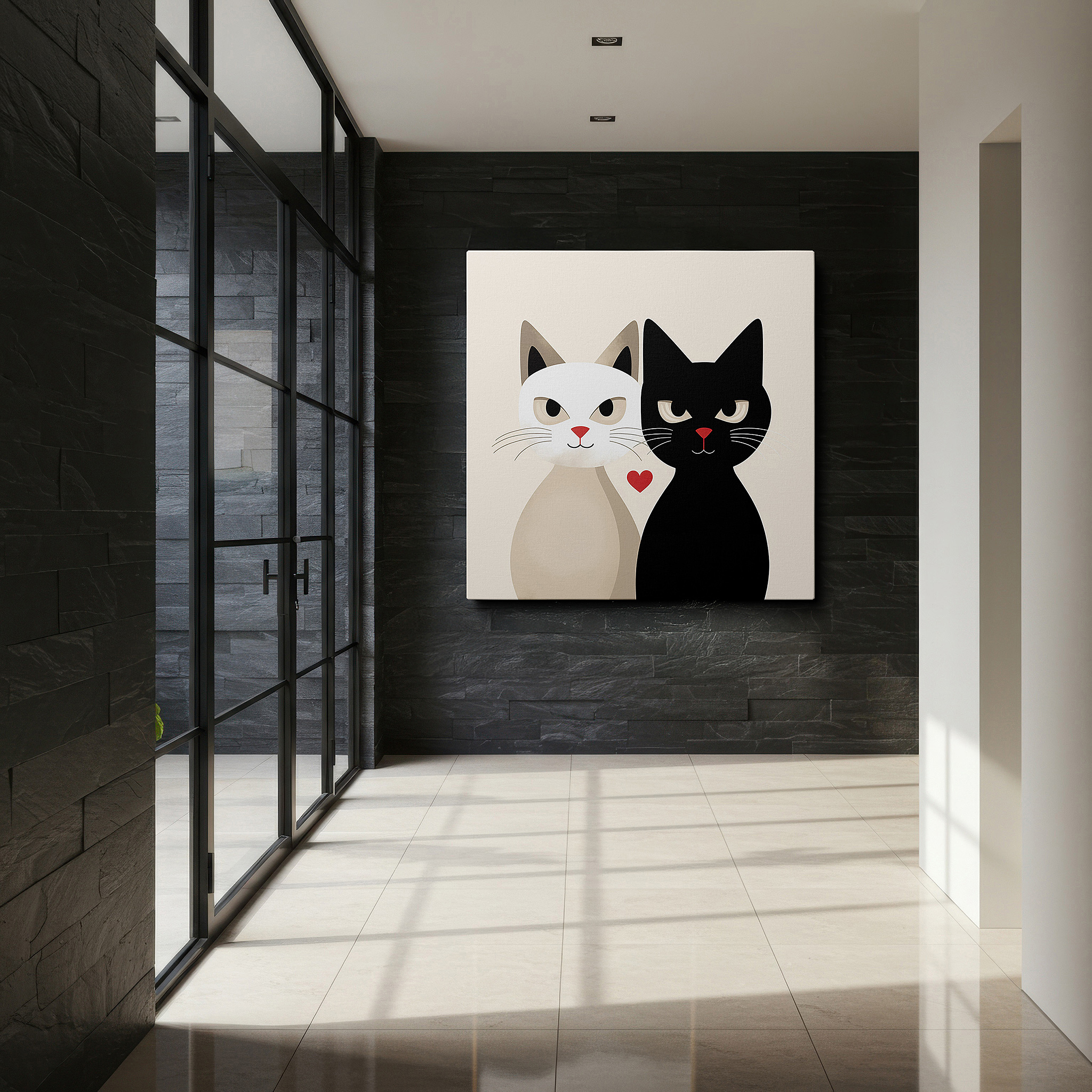 Displayed above a contemporary leather sofa in warm light — minimalist cat companionship large wall art: harmonious blend of contrasts, ideal for office, bedroom, and living room decor