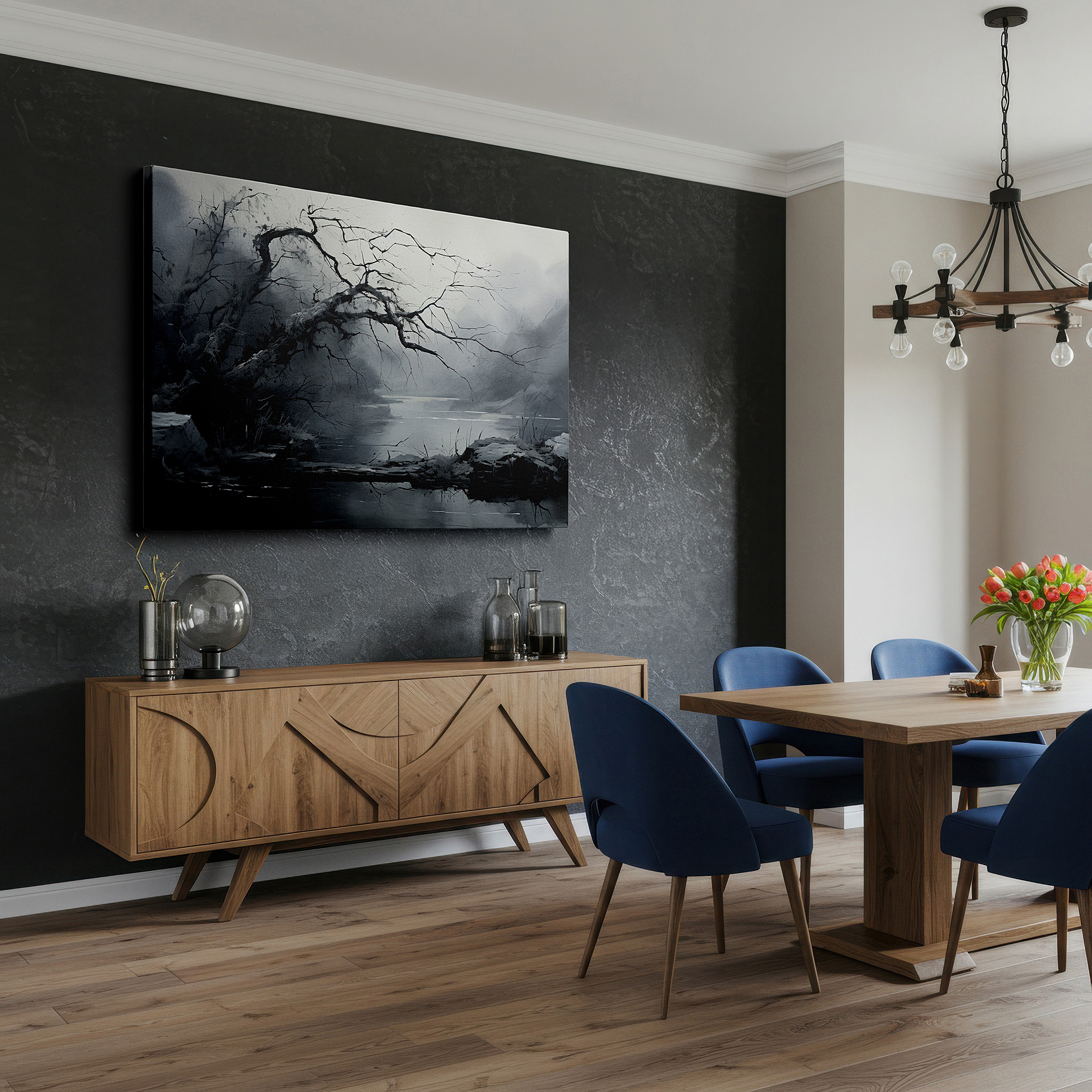 Displayed above a contemporary leather sofa in warm light — monochrome haunting landscape with foggy river and twisted trees, large canvas wall art for office and bedroom decor