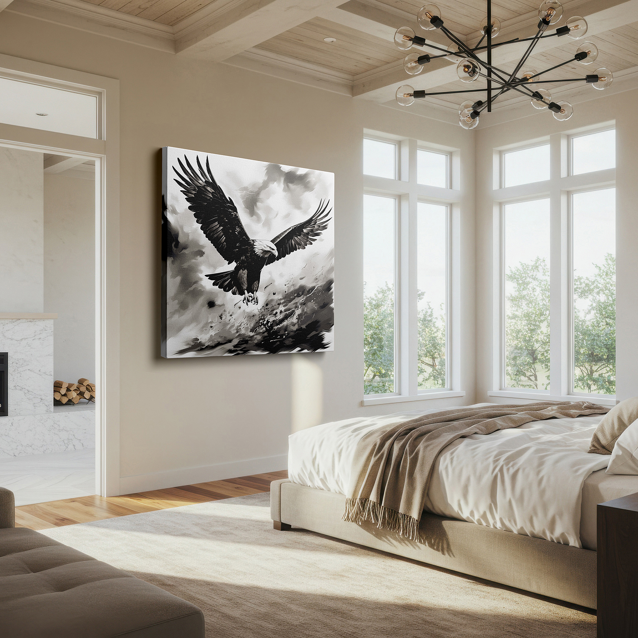 Displayed above a contemporary leather sofa in warm light — monochrome majestic eagle soaring in turbulent skies large canvas wall art for office and bedroom decor