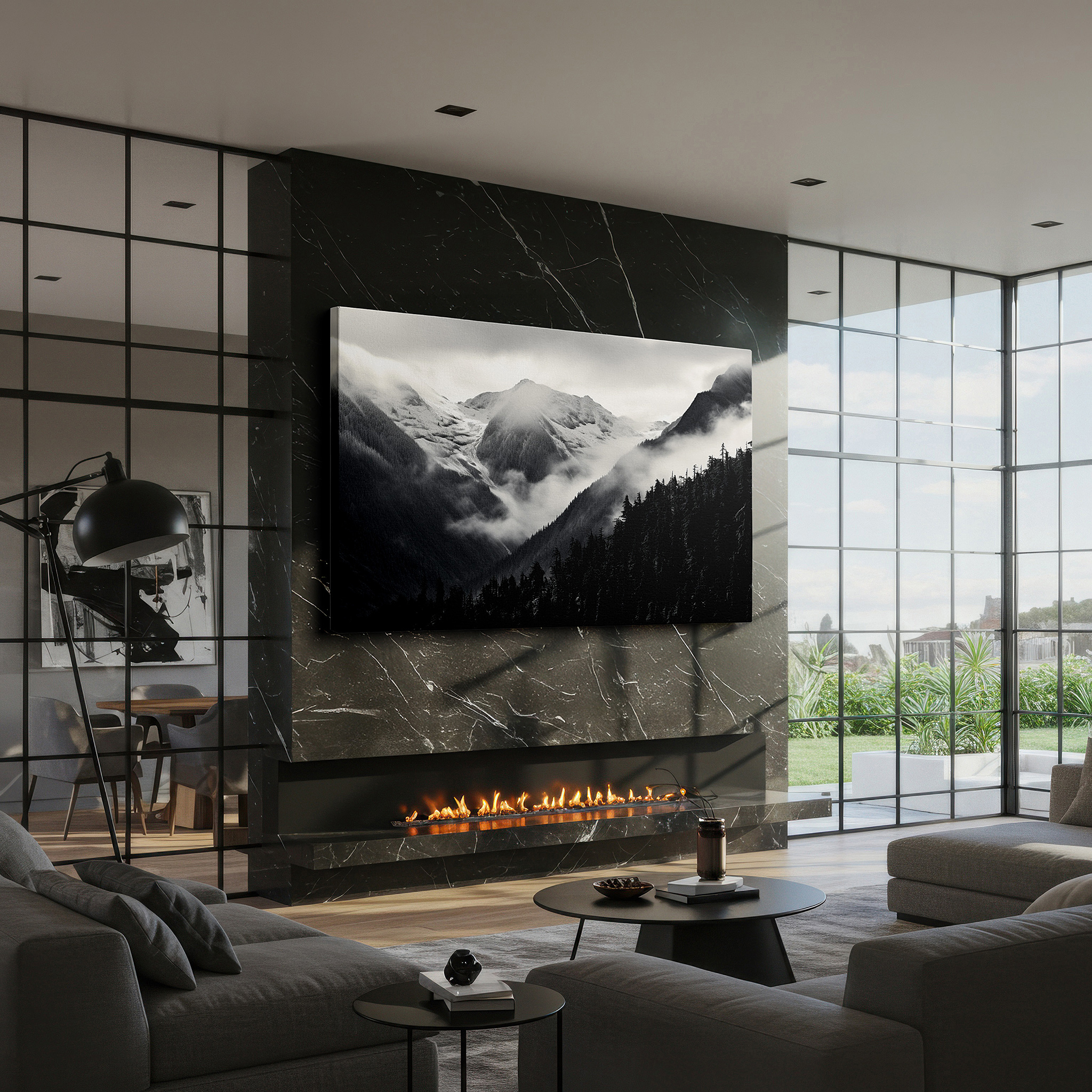 Displayed above a contemporary leather sofa in warm light — monochrome majestic mountains - snow-capped landscape with ethereal mist, large canvas wall art for office and bedroom decor