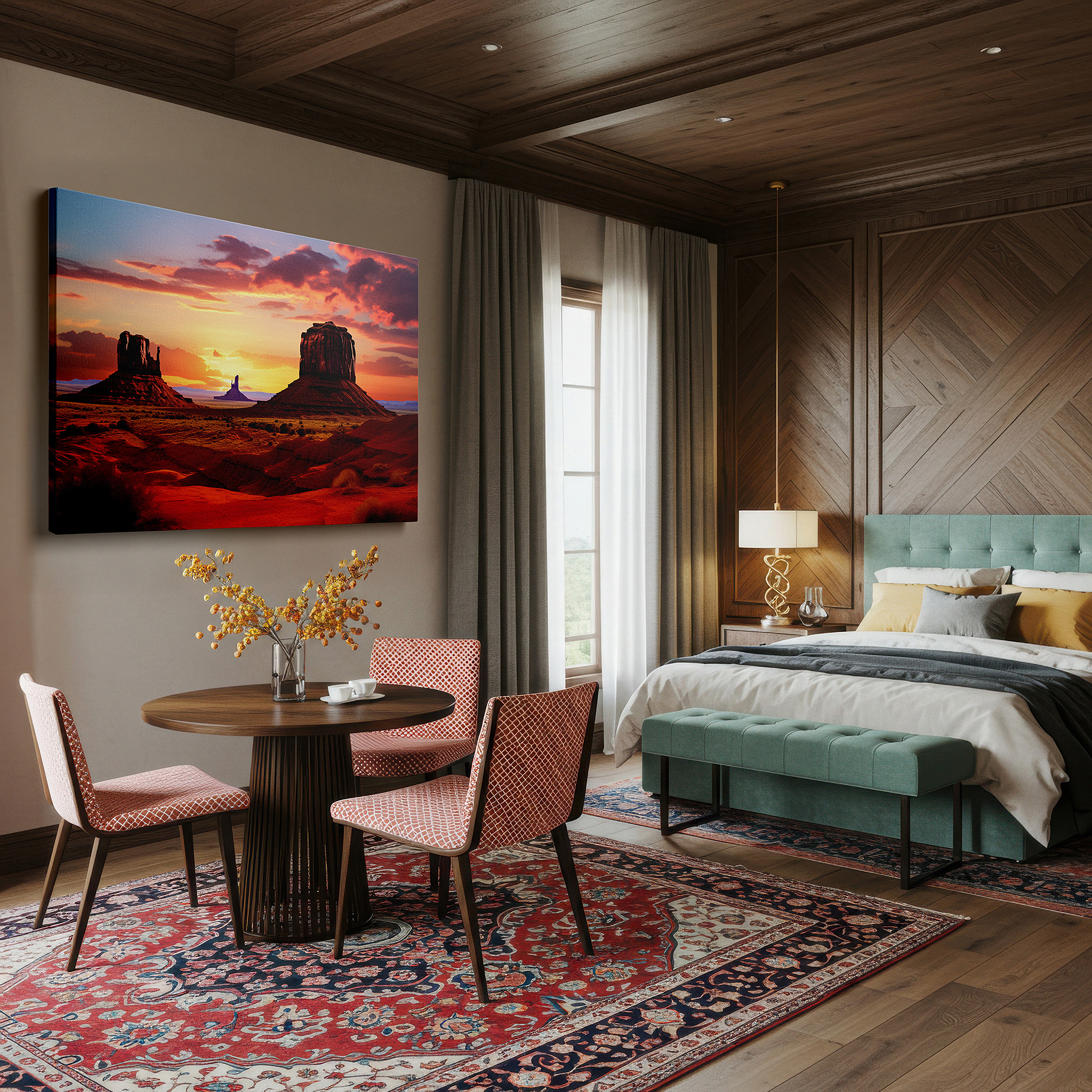 Displayed above a contemporary leather sofa in warm light — monument valley sunset majesty large canvas wall art for office, bedroom, and living room decor