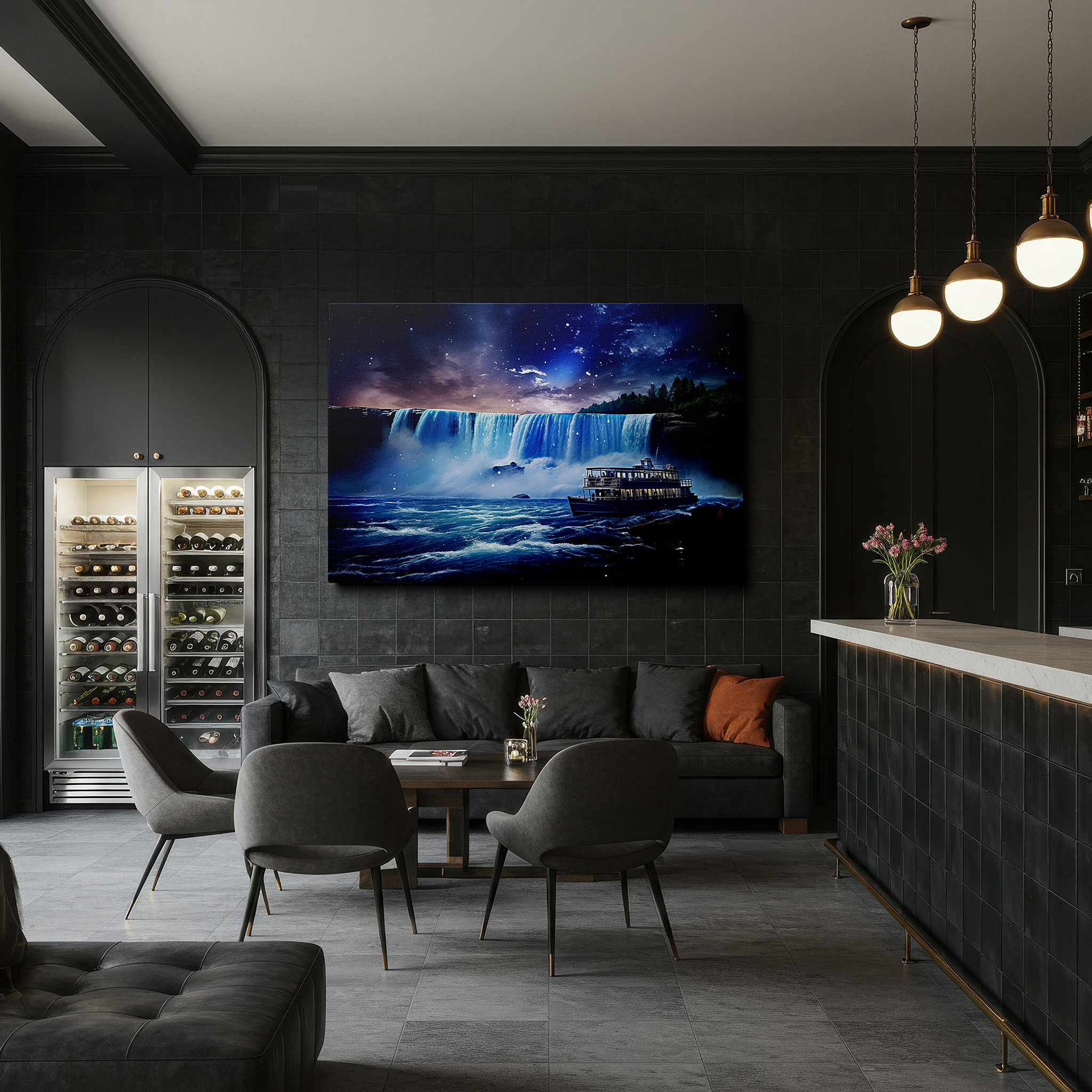Displayed above a contemporary leather sofa in warm light — moonlit waterfall and starry sky with solitary boat canvas wall art for office decor