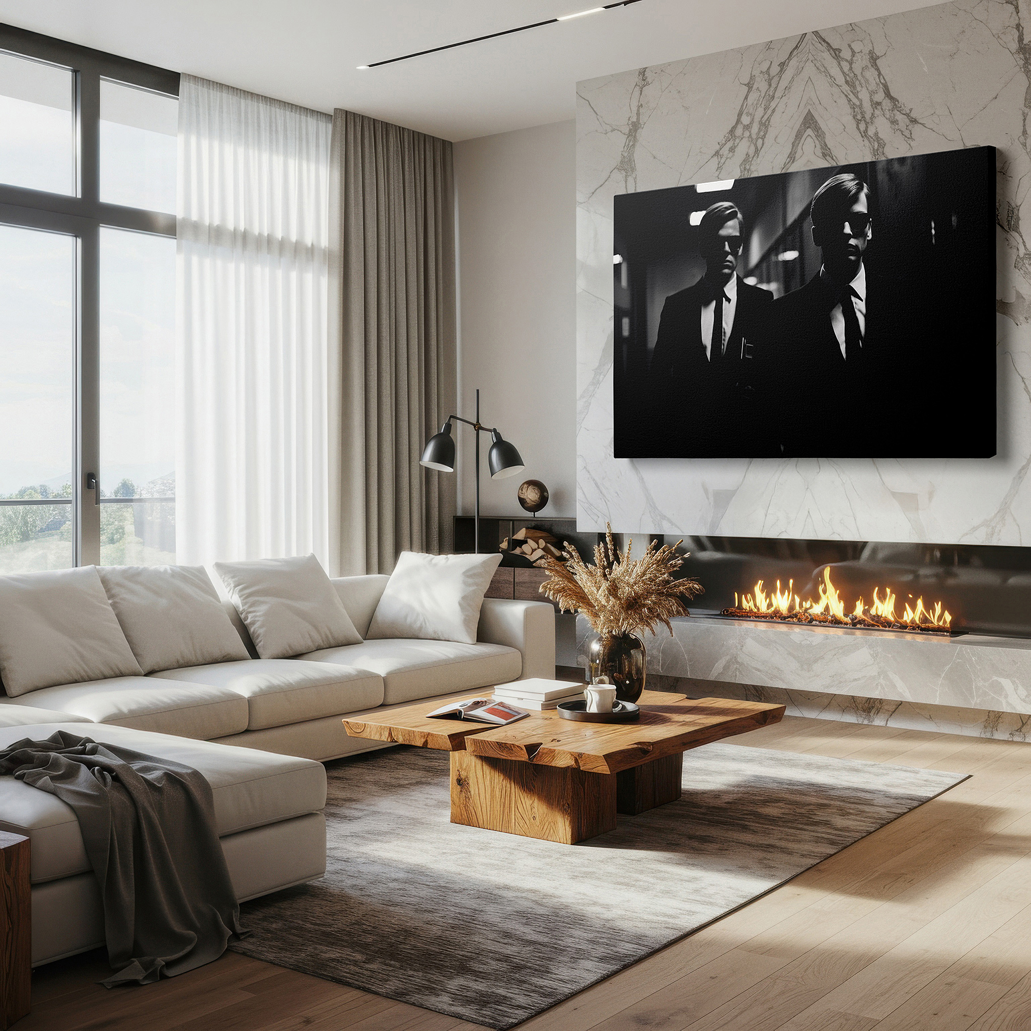 Displayed above a contemporary leather sofa in warm light — mysterious monochrome figures: a cinematic exploration of mystery and intrigue - large wall art, canvas wall art, wall decor for office