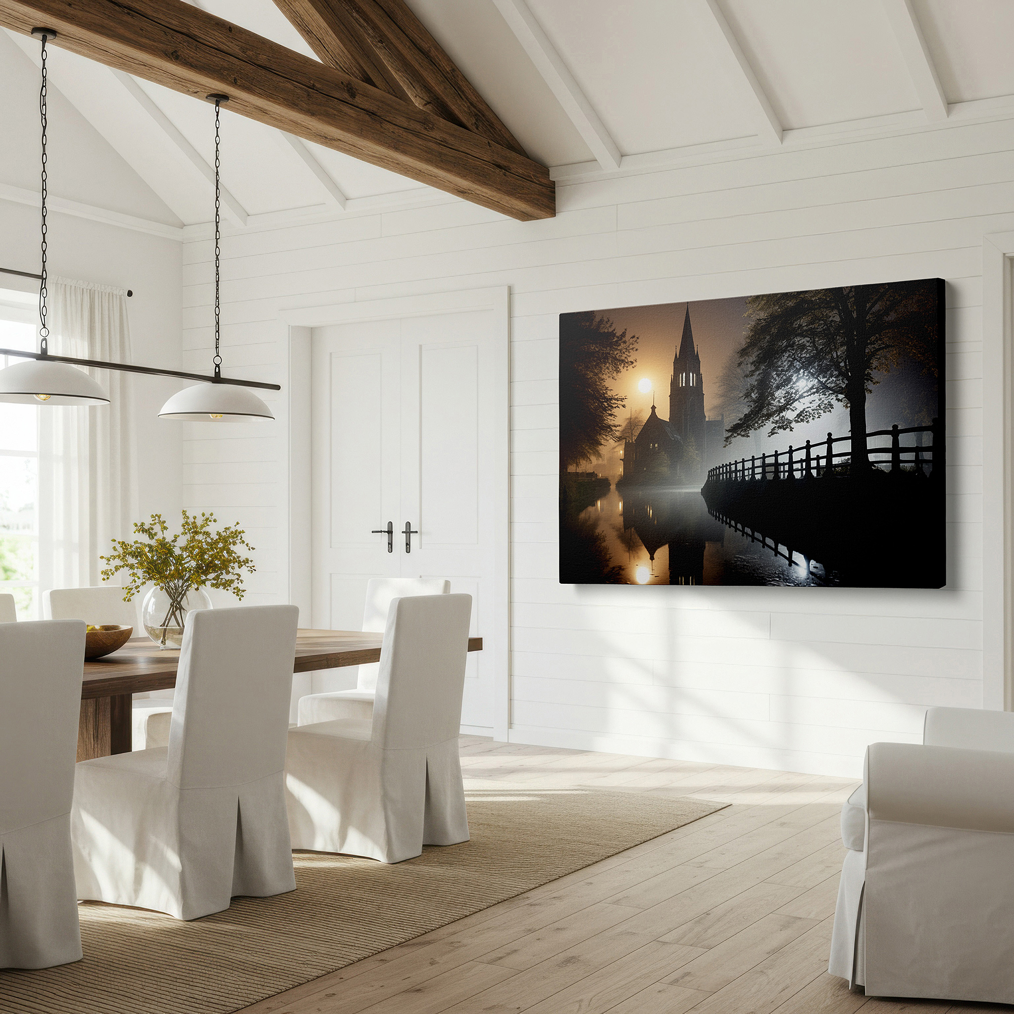 Displayed above a contemporary leather sofa in warm light — mystical and peaceful fog-covered lake church large wall art, canvas wall art, wall decor for office, bedroom, and living room