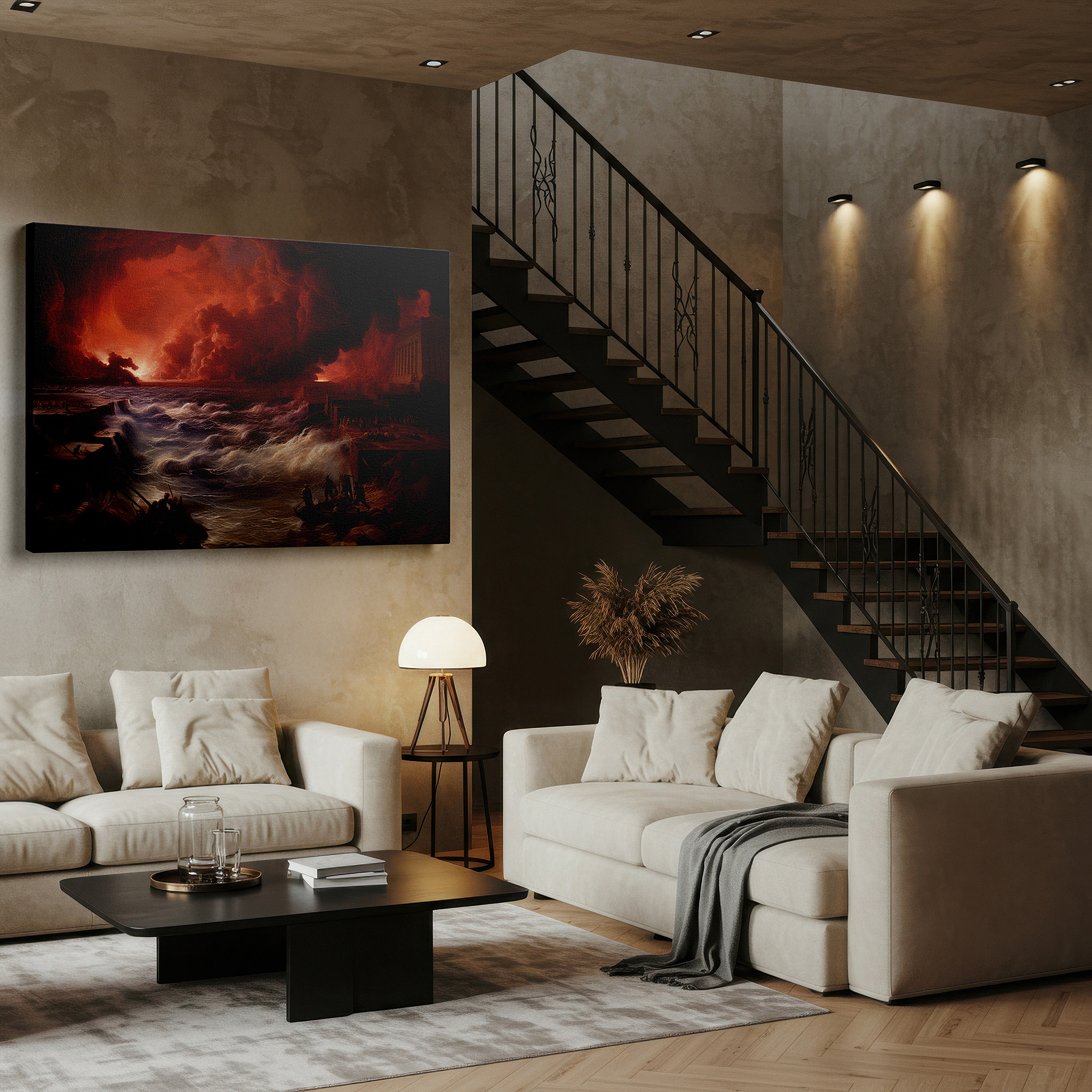 Displayed above a contemporary leather sofa in warm light — ocean's fury and fire's blaze elemental clash: ancient ruins large wall art, canvas wall art, wall decor for office and bedroom