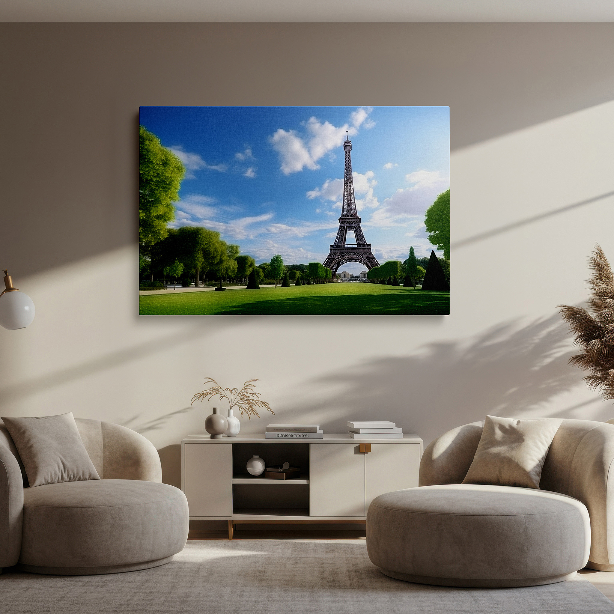 Displayed above a contemporary leather sofa in warm light — paris soul gateway with eiffel tower and lush gardens large wall art, canvas wall art, wall decor for office and bedroom