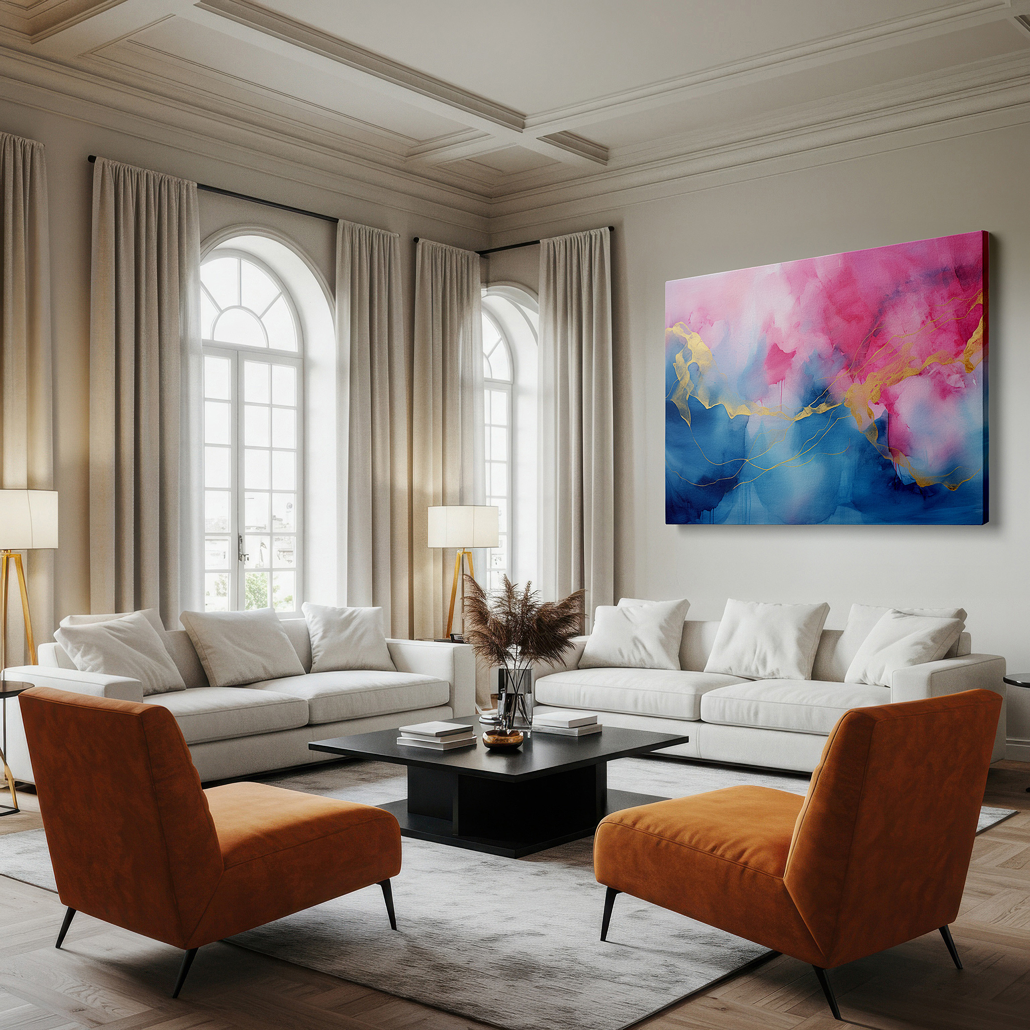 Displayed above a contemporary leather sofa in warm light — pink and blue swirls with gold highlights, enchanting abstract large wall art, canvas wall art, wall decor for office