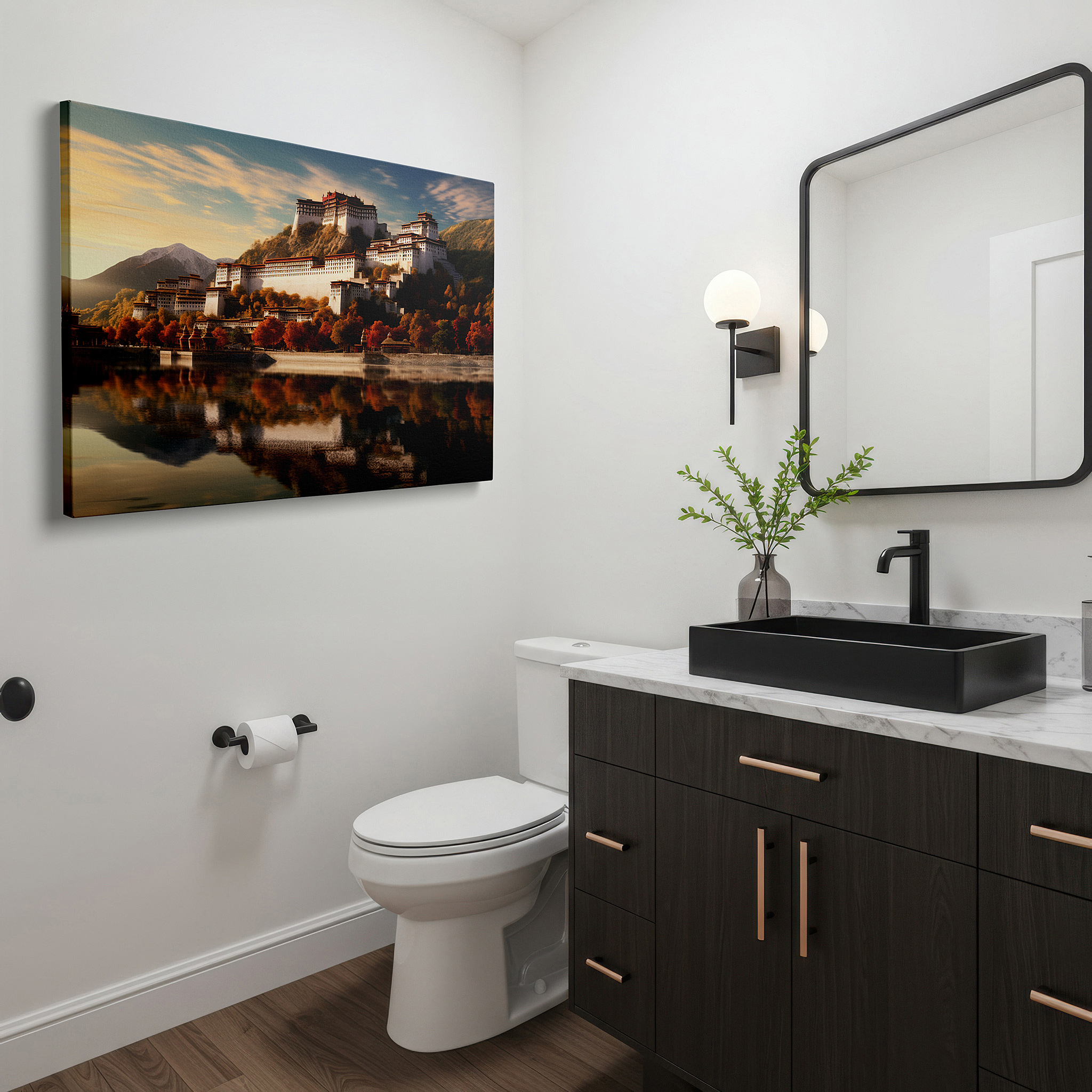 Displayed above a contemporary leather sofa in warm light — potala palace at dawn's first light: a tribute to tibet's spiritual essence - large wall art, canvas, home and office decor