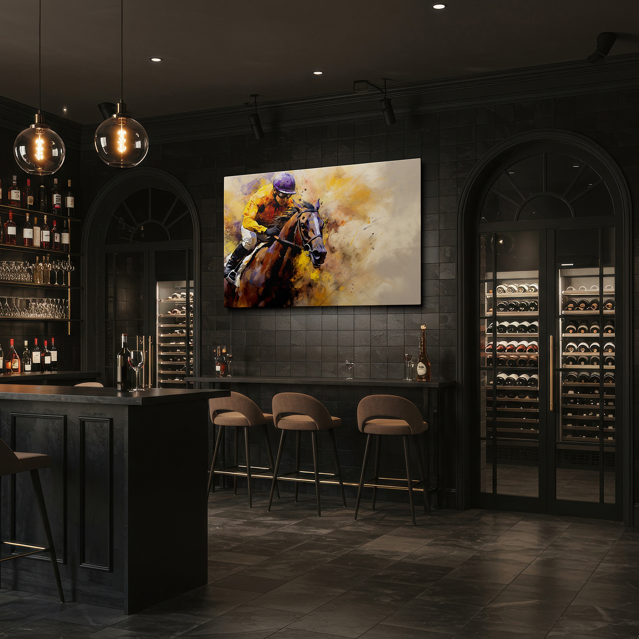 Displayed above a contemporary leather sofa in warm light — racehorse in action - celebrating speed and power, large canvas wall art for office and bedroom decor