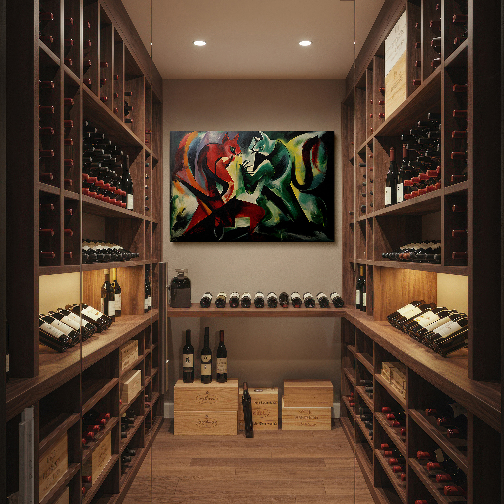 Displayed above a contemporary leather sofa in warm light — red and green feline fury - vibrant abstract confrontation large wall art, canvas wall art, wall decor for office, bedroom, and living room
