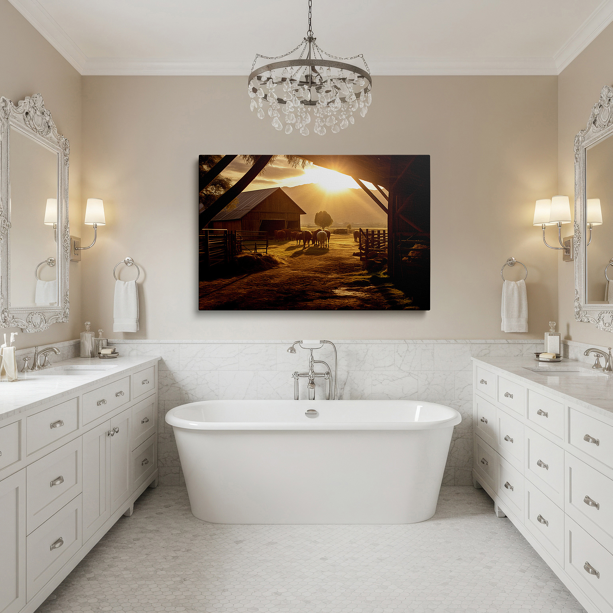 Displayed above a contemporary leather sofa in warm light — rustic barn and tranquil horses at dawn large canvas wall art for office, bedroom, and living room decor