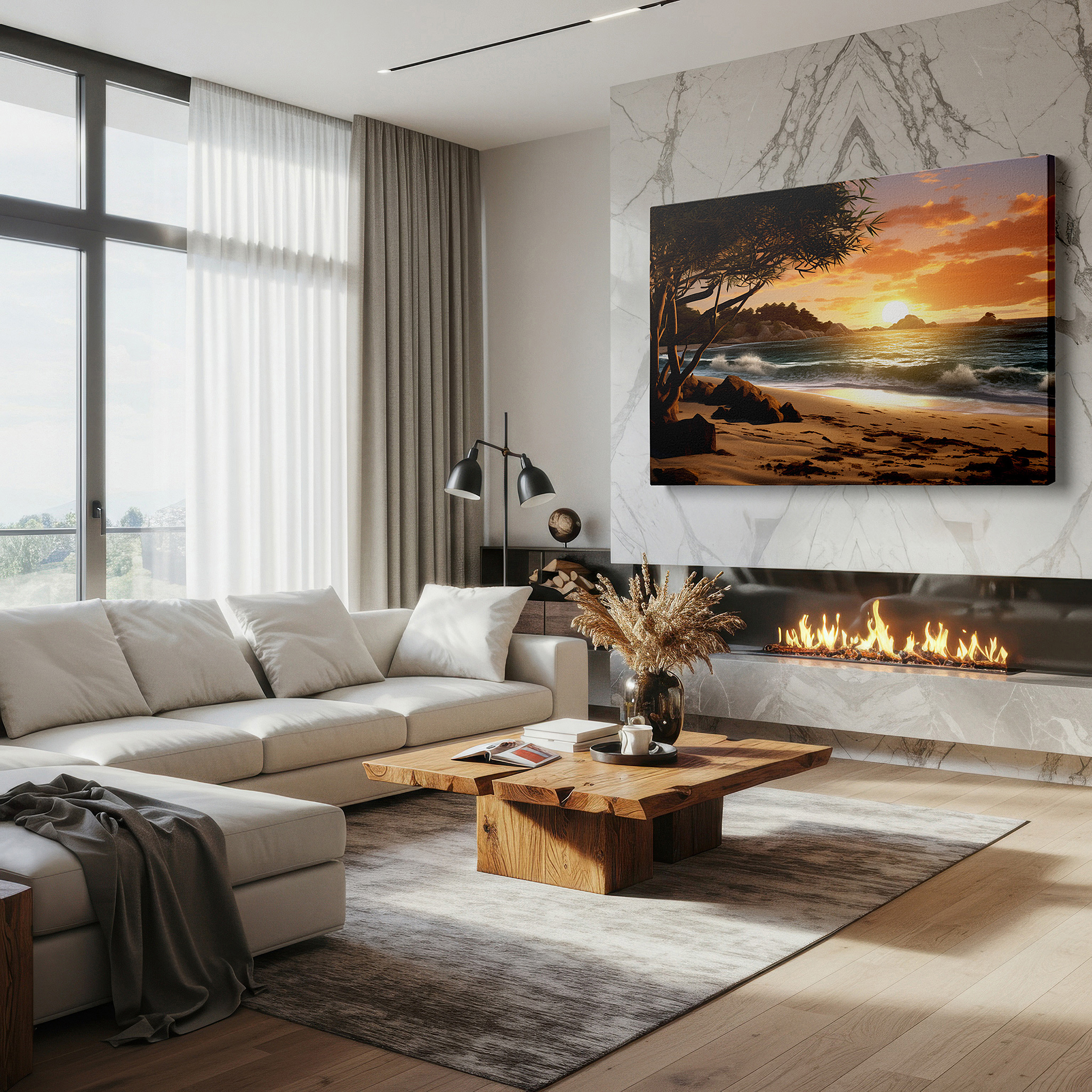 Displayed above a contemporary leather sofa in warm light — serene beach sunset with verdant foliage and soft waves - oversized wall art for office, bedroom, and living room decor