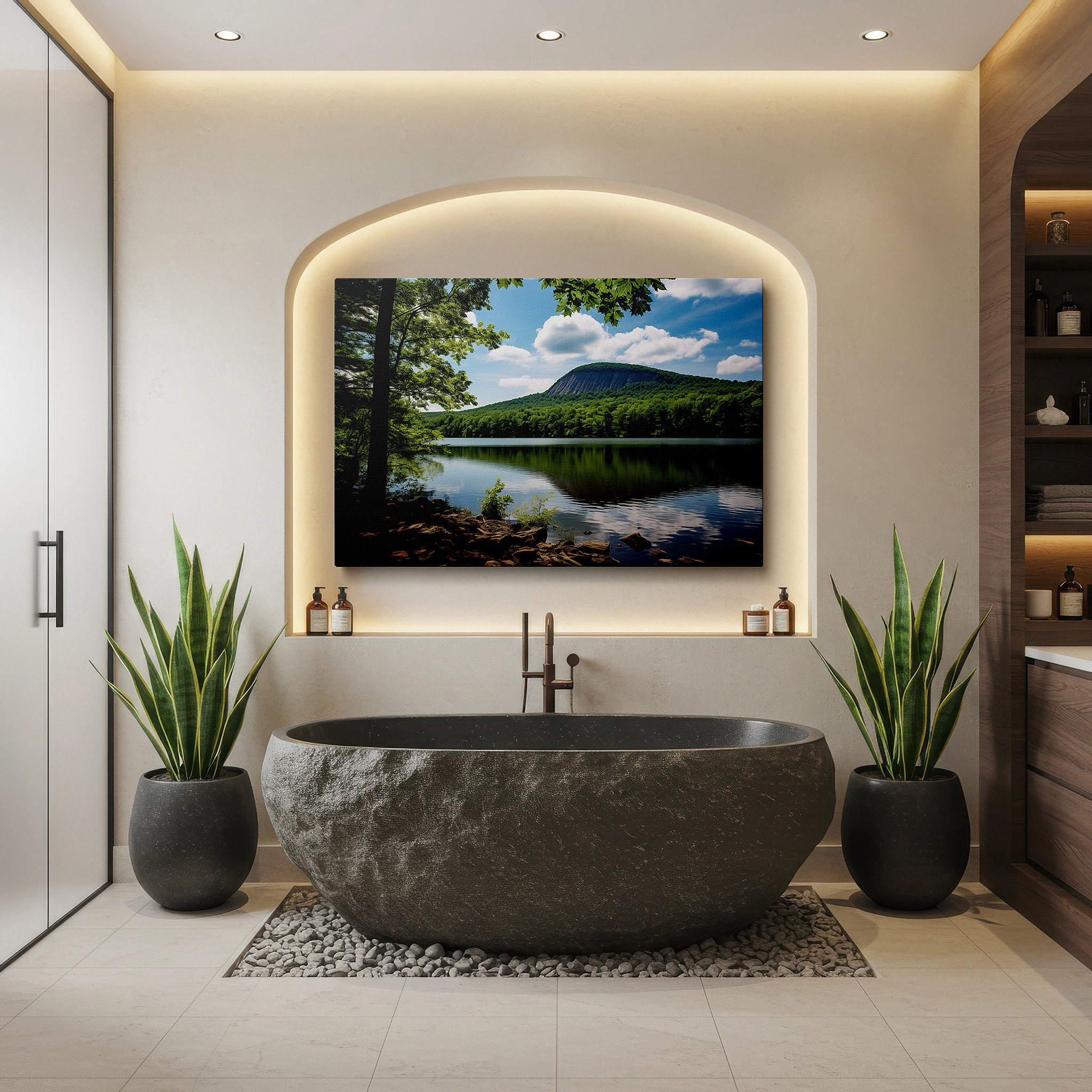 Displayed above a contemporary leather sofa in warm light — serene lakeside landscape with majestic mountain reflections and lush forests large wall art, canvas wall art, wall decor for office and bedroom