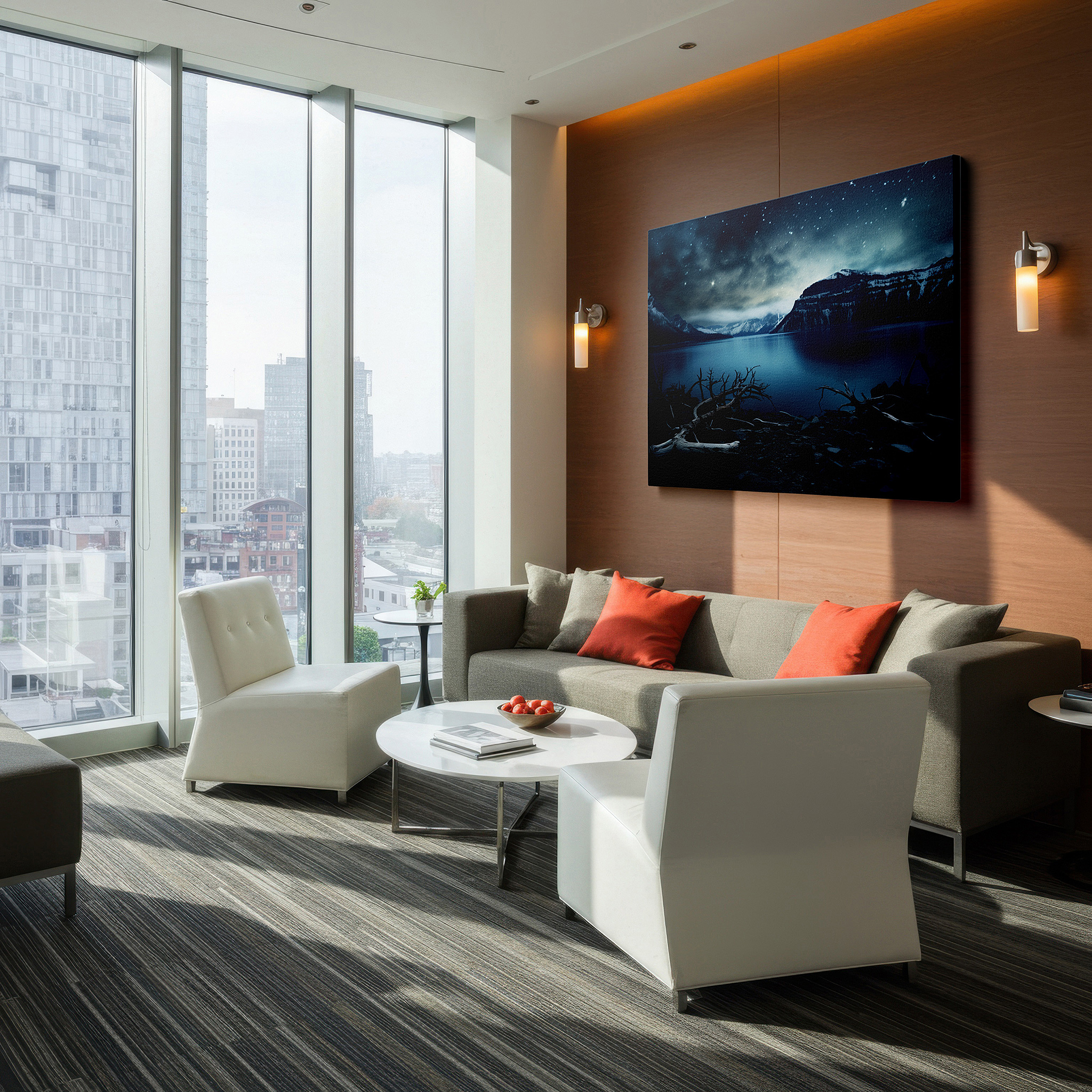 Displayed above a contemporary leather sofa in warm light — serene lakeside reflections: rugged nature and ethereal light - large canvas wall art for office and bedroom decor
