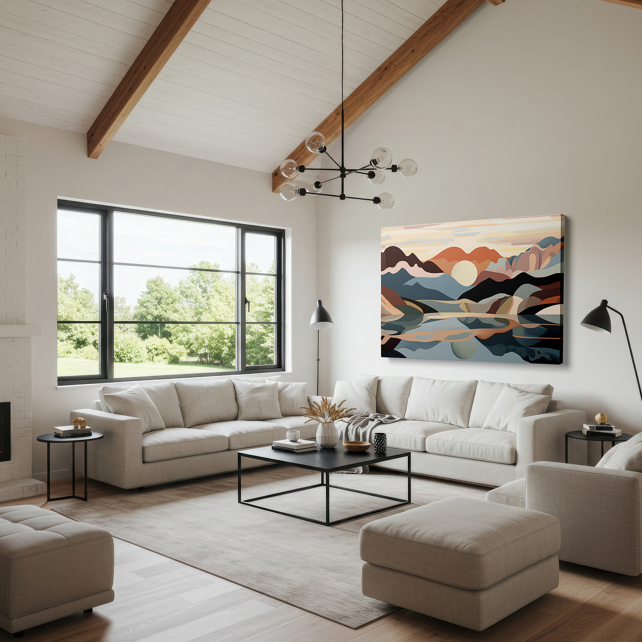 Displayed above a contemporary leather sofa in warm light — serene landscape canvas with reflective waters and warm hues, large wall art for office, bedroom, and living room decor