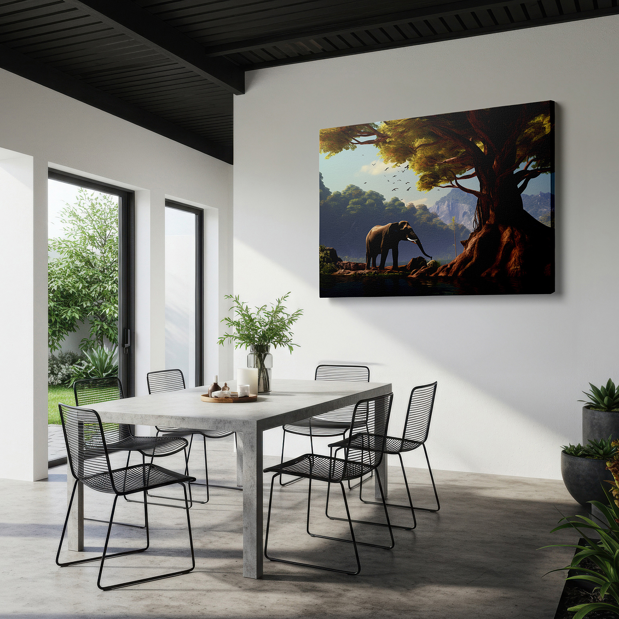 Displayed above a contemporary leather sofa in warm light — serene majesty of a solitary elephant beside a towering tree in a peaceful nature scene large wall art, canvas wall art, wall decor, office wall art