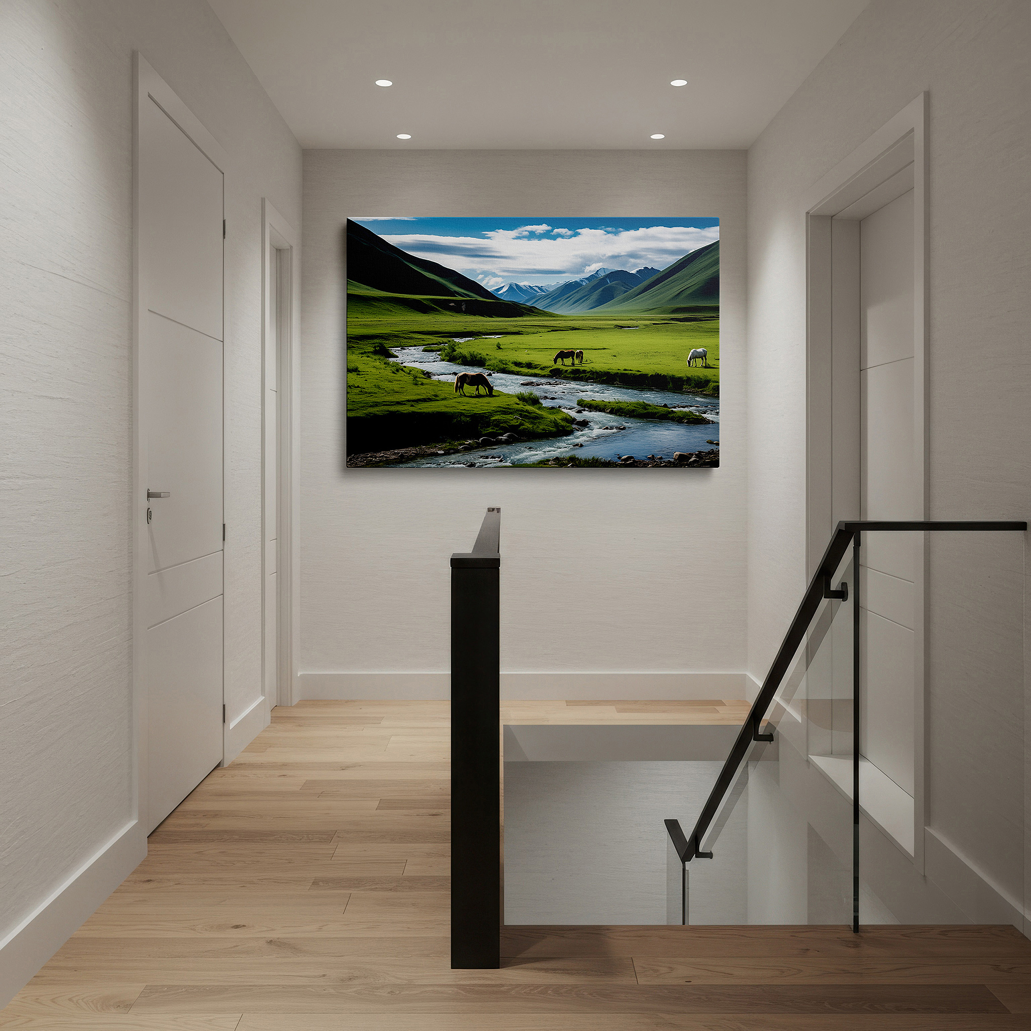 Displayed above a contemporary leather sofa in warm light — serene meadow with majestic horses under snow-capped peaks: tranquil large wall art for office and home decor, canvas wall art