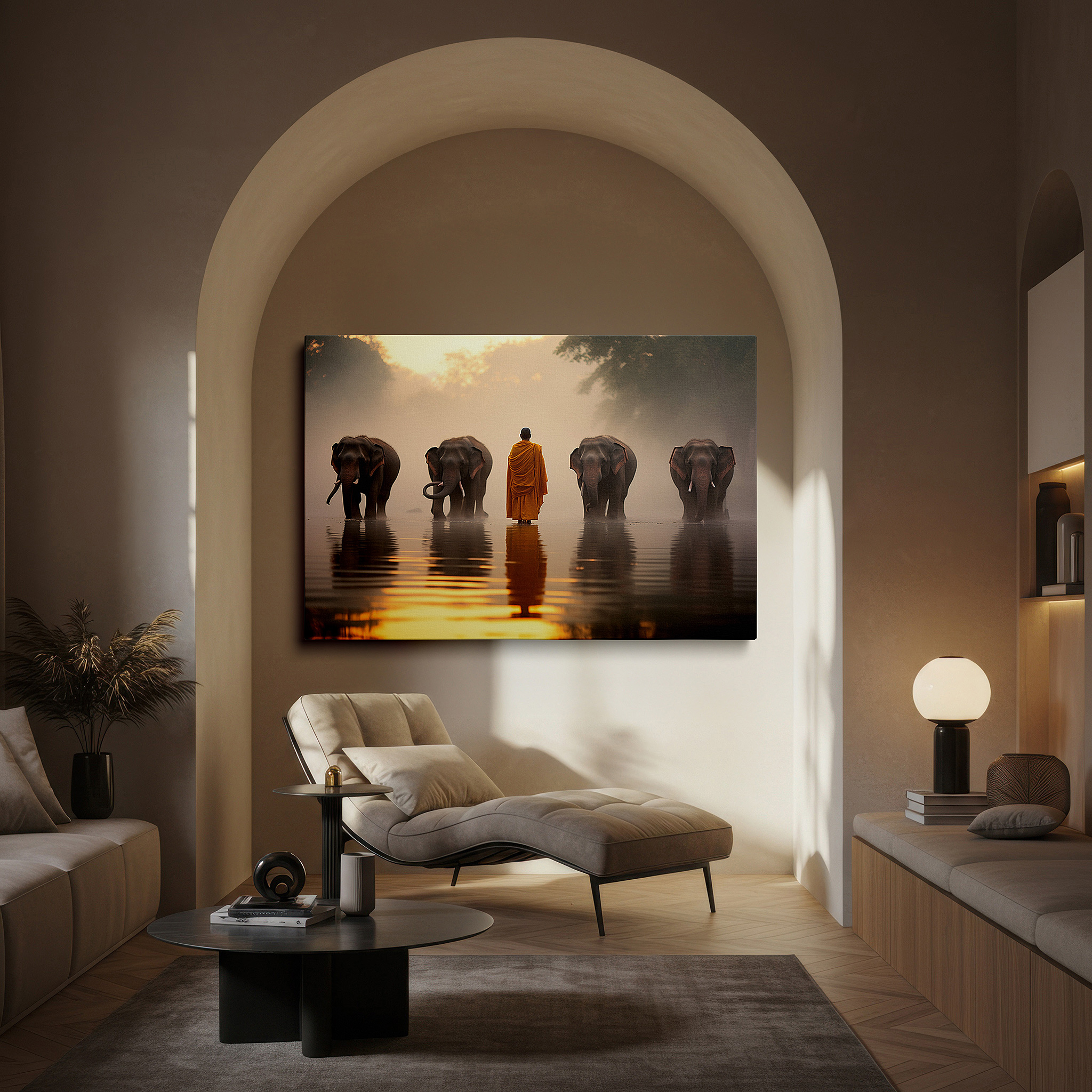 Displayed above a contemporary leather sofa in warm light — serene monk and majestic elephants at sunset by the misty river wall art - large canvas decor for office, bedroom, and living room