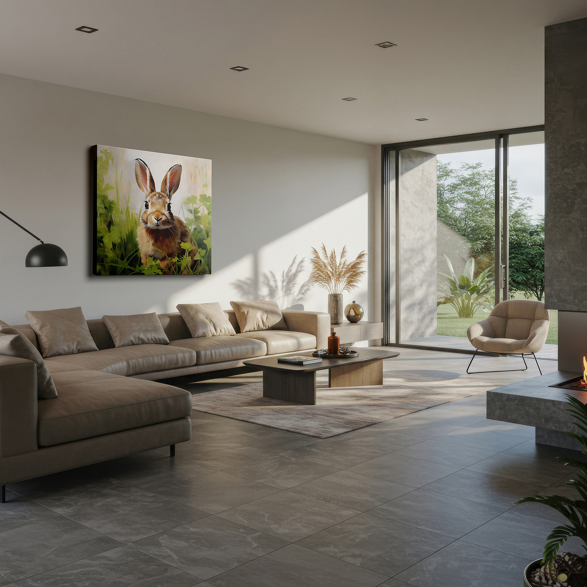 Displayed above a contemporary leather sofa in warm light — serene rabbit in lush greenery: a vivid glimpse into the peaceful world of wildlife - large canvas wall art for home and office decor