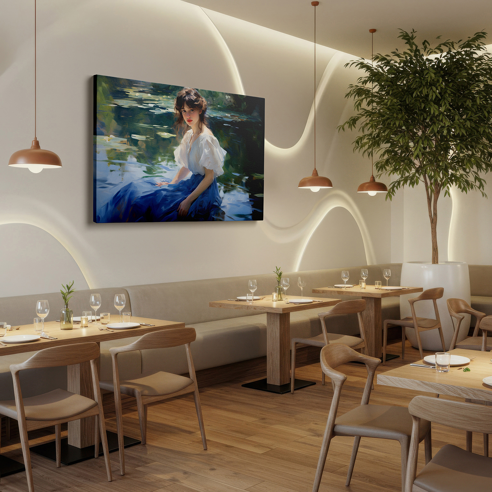 Displayed above a contemporary leather sofa in warm light — serene reflections of a young woman by a tranquil pond: large canvas wall art for office and bedroom decor
