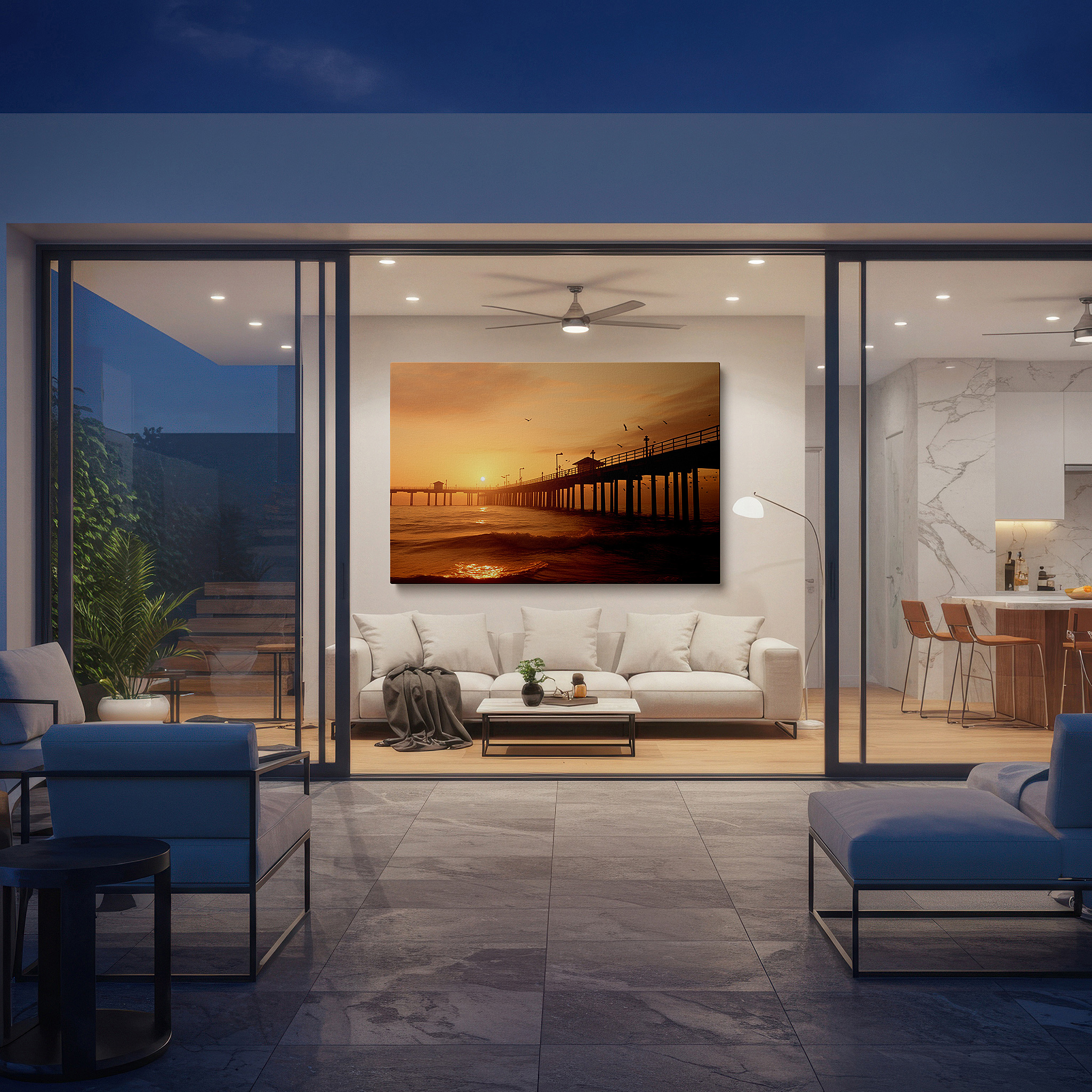Displayed above a contemporary leather sofa in warm light — serene sunset at the fishing pier: large canvas wall art featuring warm hues and coastal calm, ideal for home or office decor