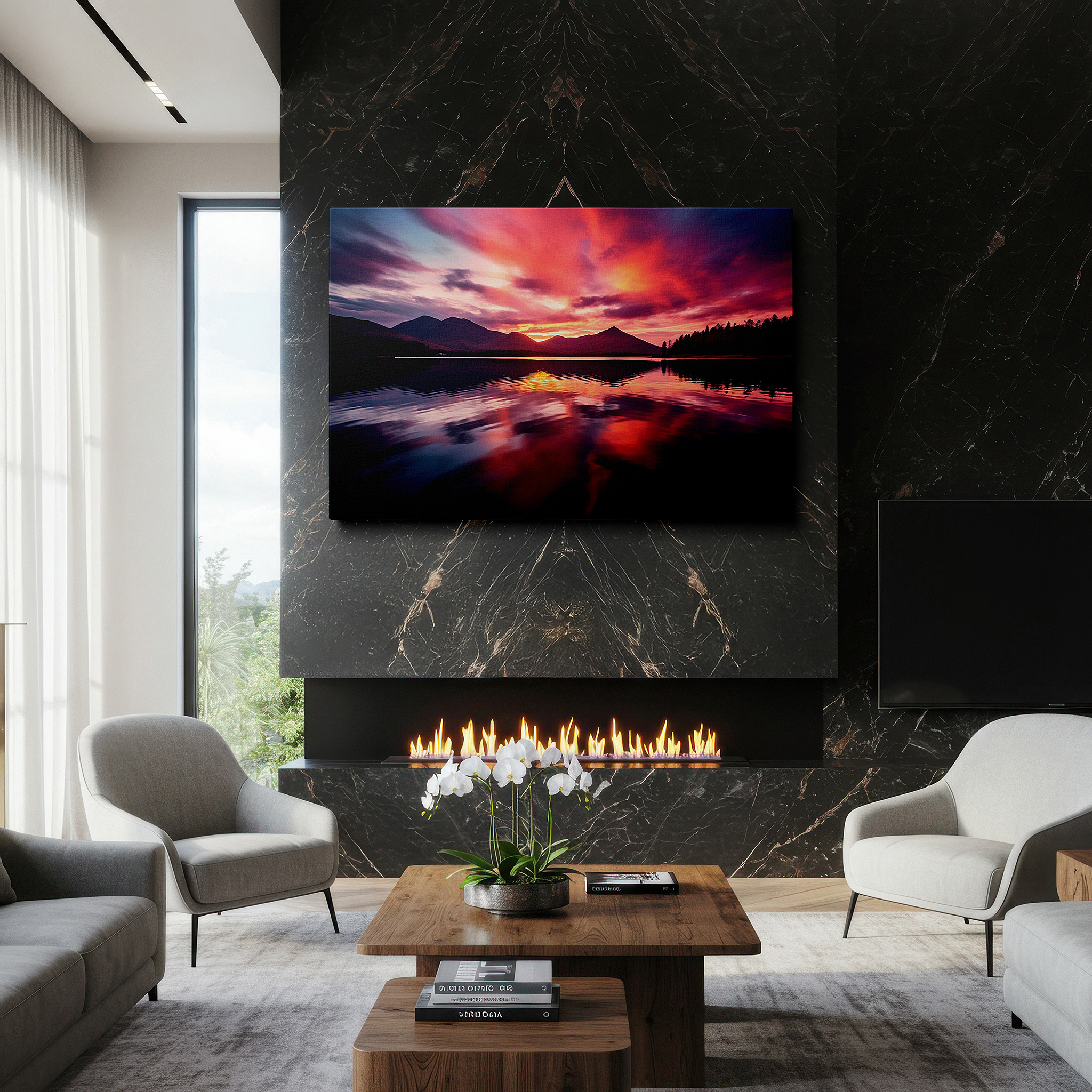 Displayed above a contemporary leather sofa in warm light — serene sunset reflection: sublime tranquility and awe-inspiring beauty - large canvas wall art for office and bedroom decor
