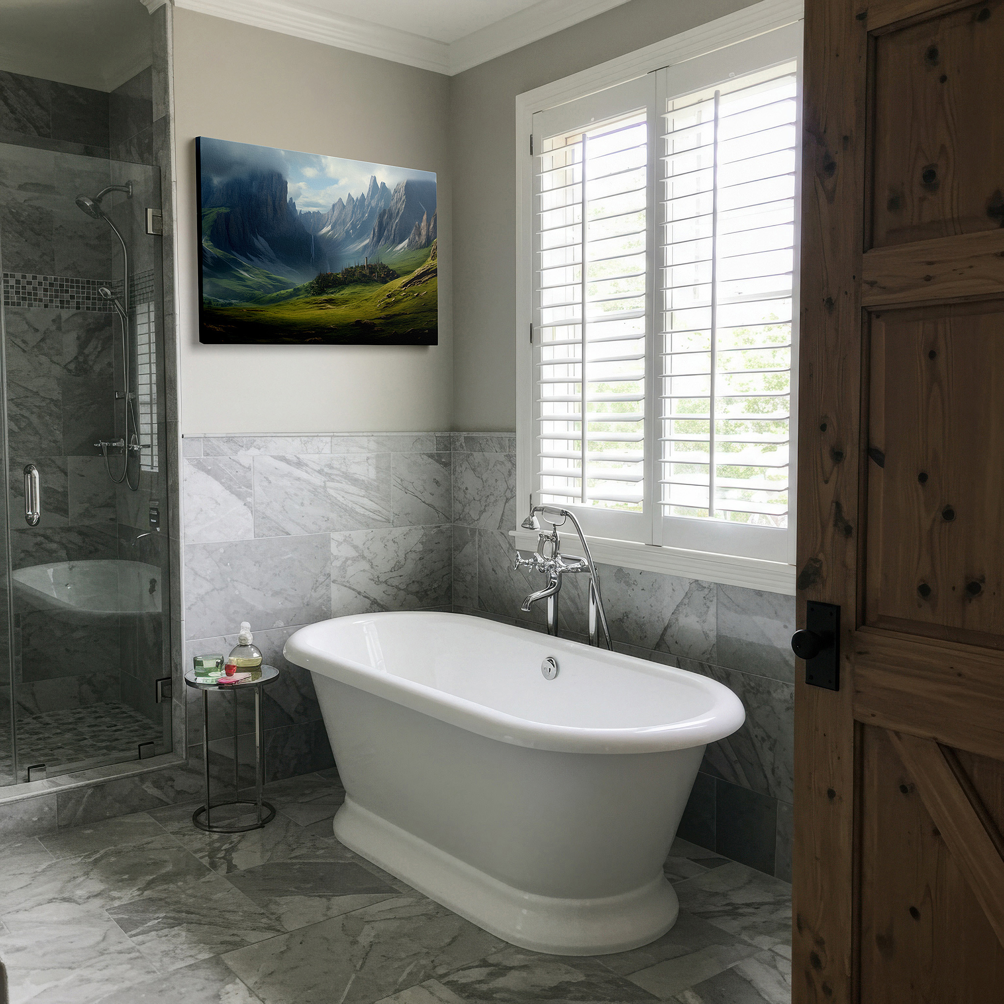 Displayed above a contemporary leather sofa in warm light — serene valley oasis featuring majestic mountains and tranquil village - large wall art with cascading waterfall, canvas wall art for office decor