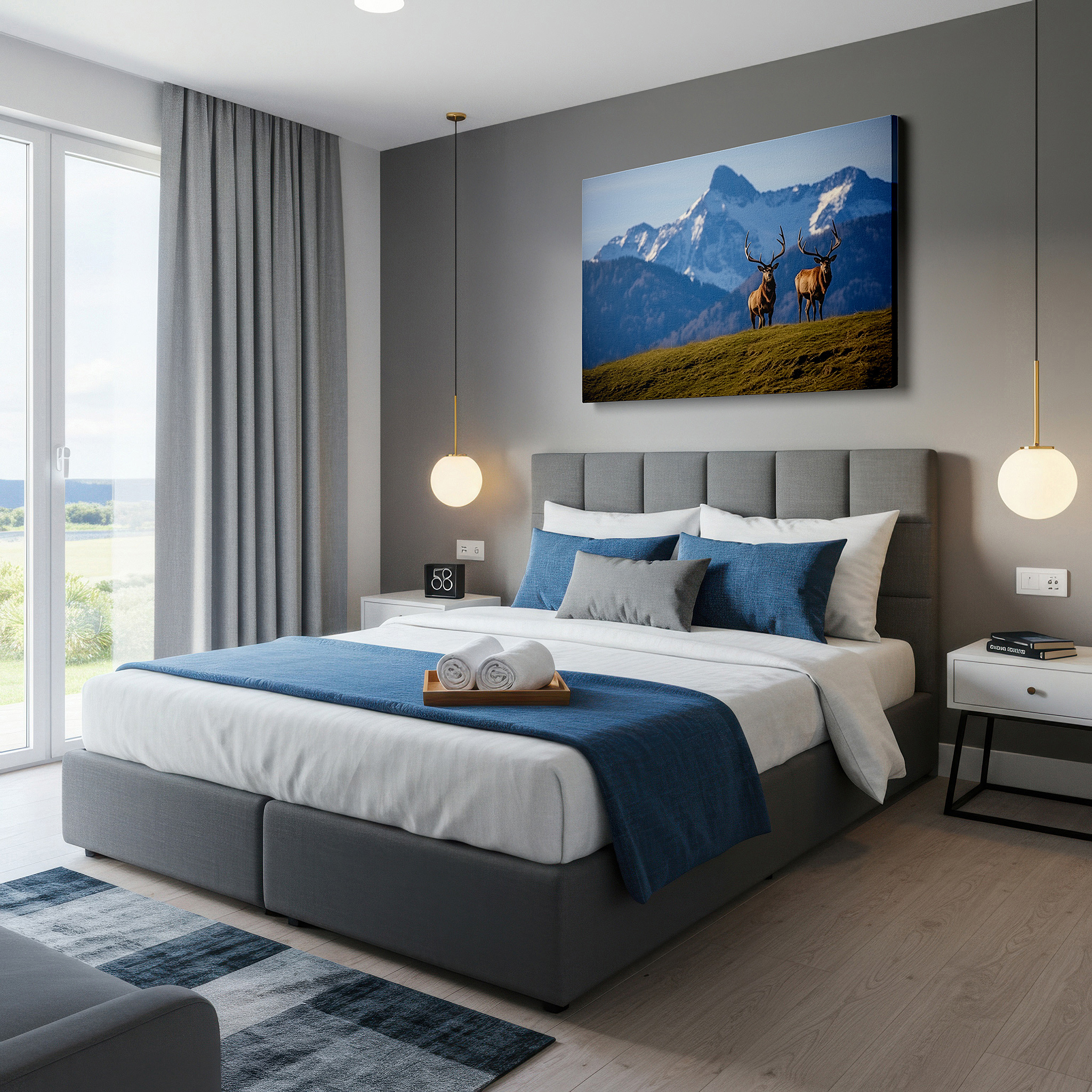 Displayed above a contemporary leather sofa in warm light — serene wilderness and majestic elk large canvas wall art with lush greenery and snow-capped mountains for office and bedroom decor