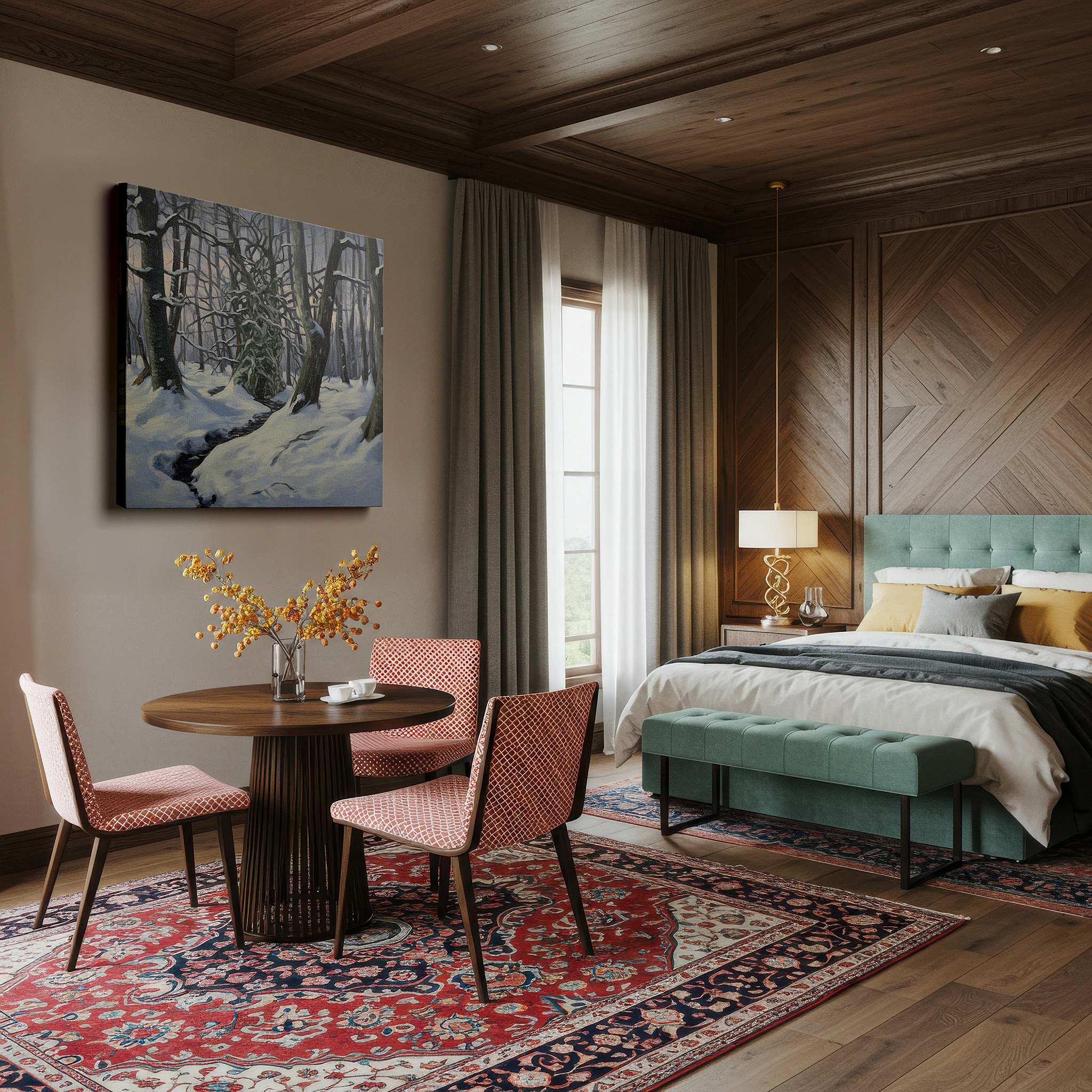 Displayed above a contemporary leather sofa in warm light — serene winter forest path - tranquil snowy woods large wall art, canvas wall art, wall decor for office