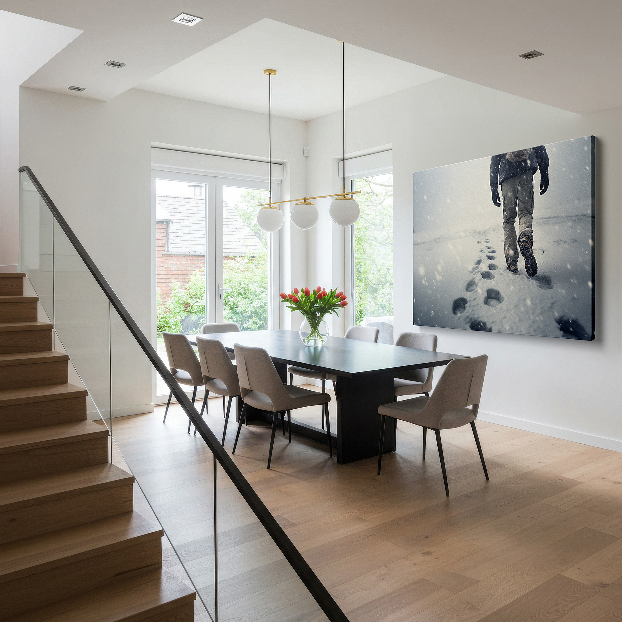 Displayed above a contemporary leather sofa in warm light — serene winter landscape with lone hiker wall art - tranquil nature escape large canvas decor for office