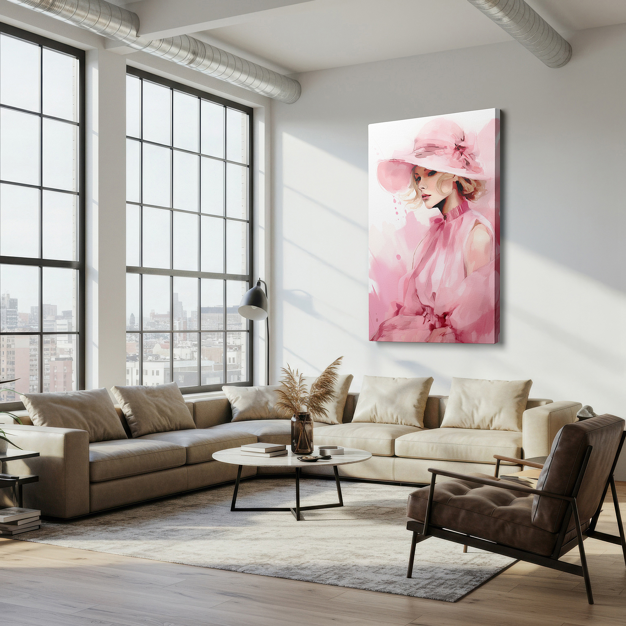 Displayed above a contemporary leather sofa in warm light — soft hues of elegance in pink: a serene modern womanhood portrait - large wall art, canvas wall art, wall decor for office and bedroom