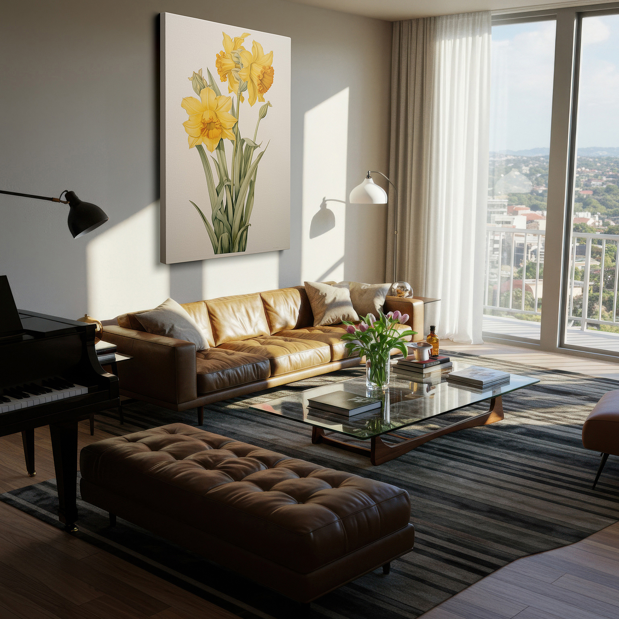 Displayed above a contemporary leather sofa in warm light — spring daffodils in full bloom against verdant greenery, representing rebirth and happiness - large wall art, canvas print, home and office decor, bedroom wall art