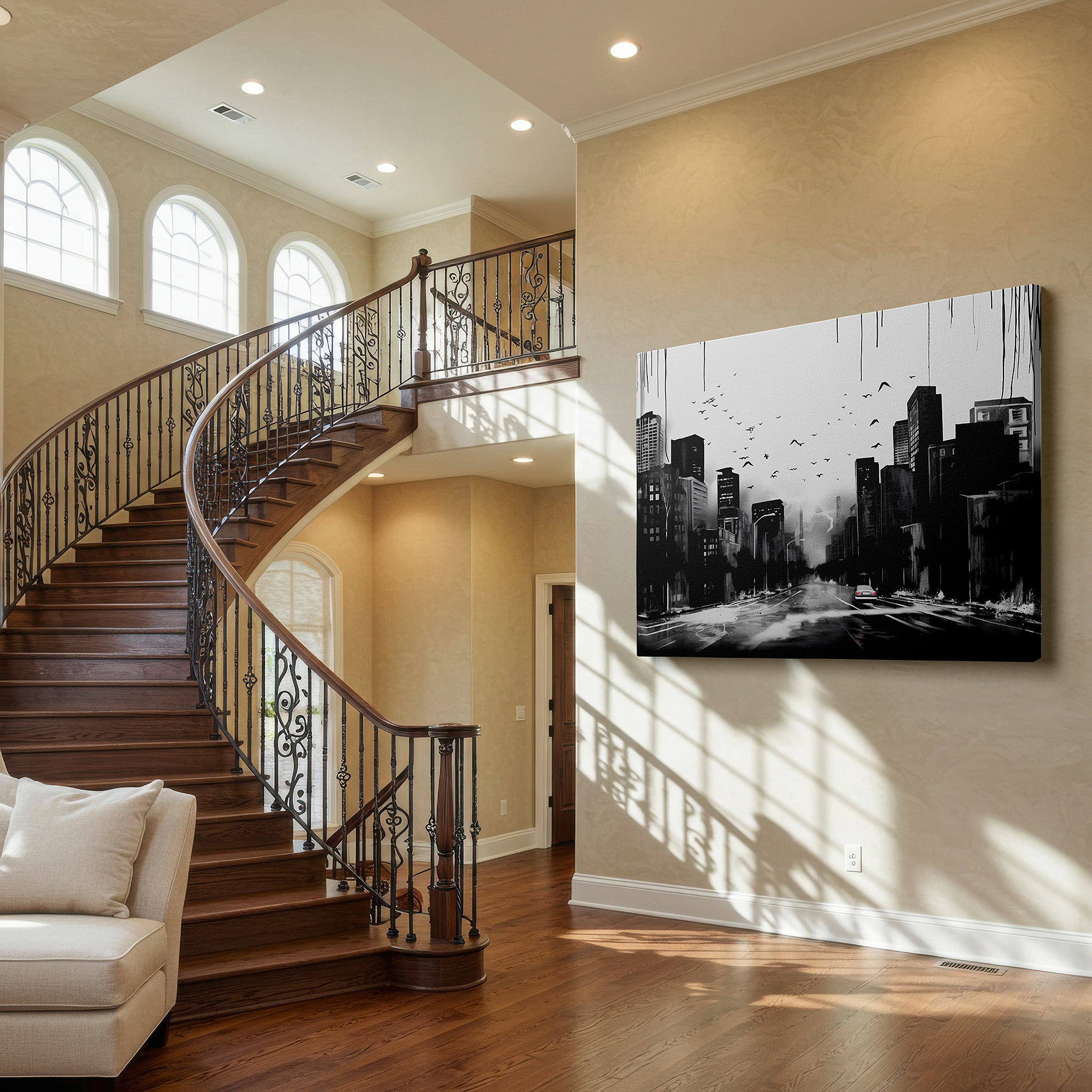 Displayed above a contemporary leather sofa in warm light — stark urban landscape in black and white: a timeless exploration of city life and isolation - large wall art, canvas wall art, wall decor