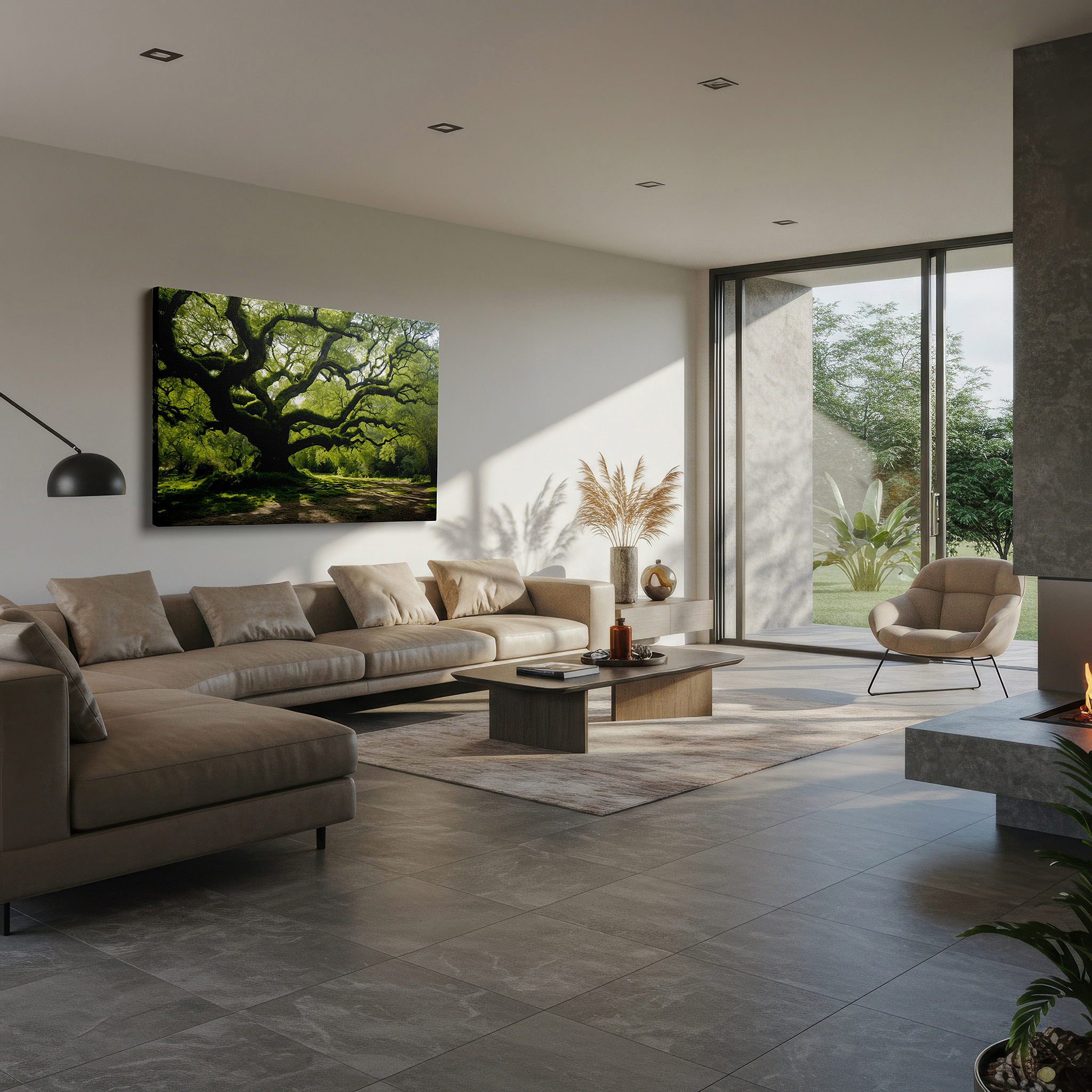 Displayed above a contemporary leather sofa in warm light — sun-dappled ancient tree: a tranquil sanctuary of strength - large canvas wall art for office decor