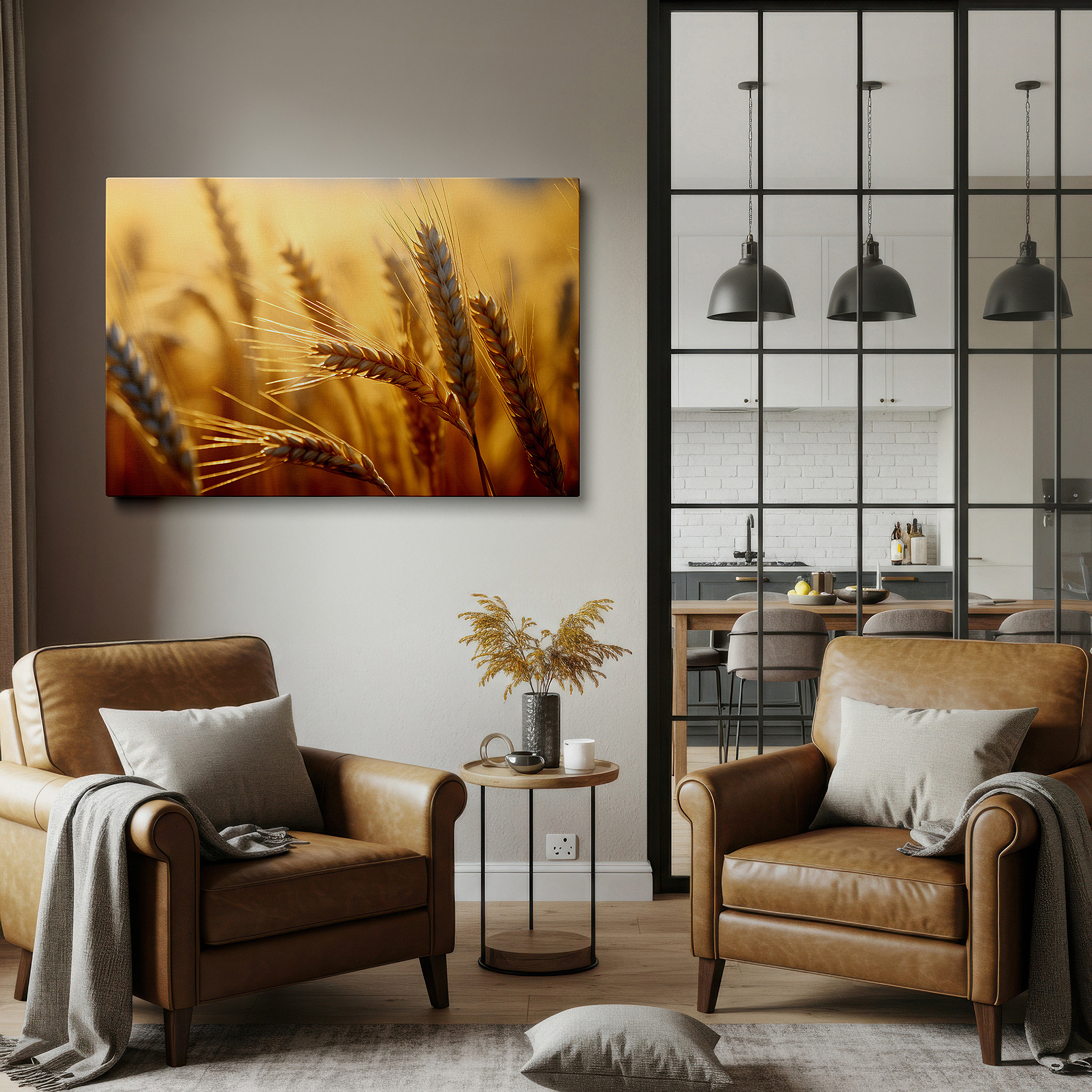 Displayed above a contemporary leather sofa in warm light — sunlit golden wheat spike: a symbol of growth and warmth - large wall art, canvas wall art, wall decor for office and bedroom