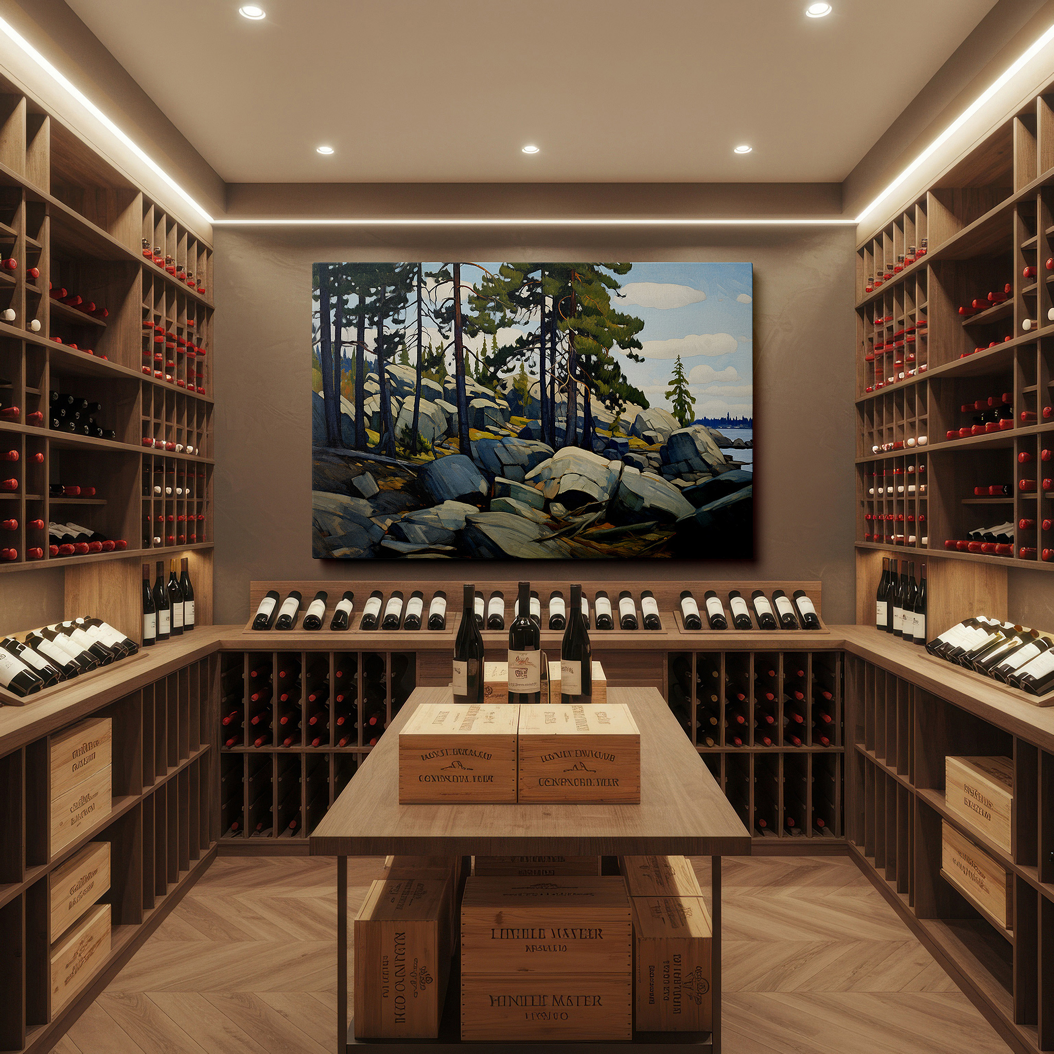 Displayed above a contemporary leather sofa in warm light — sunlit pines and granite boulders by a peaceful waterway large wall art, canvas wall art, wall decor for office, bedroom, and living room