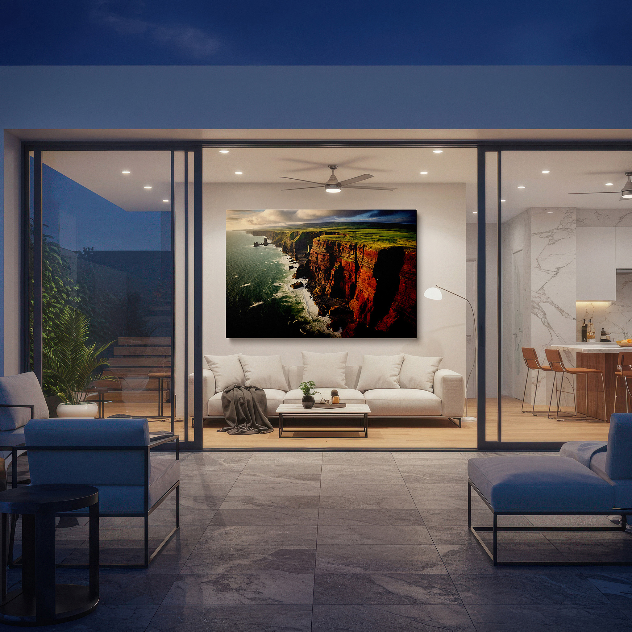 Displayed above a contemporary leather sofa in warm light — sunset cliffs, protectors of the peaceful sea, inviting tranquil view large wall art, canvas wall art, wall decor, office wall art, bedroom wall art
