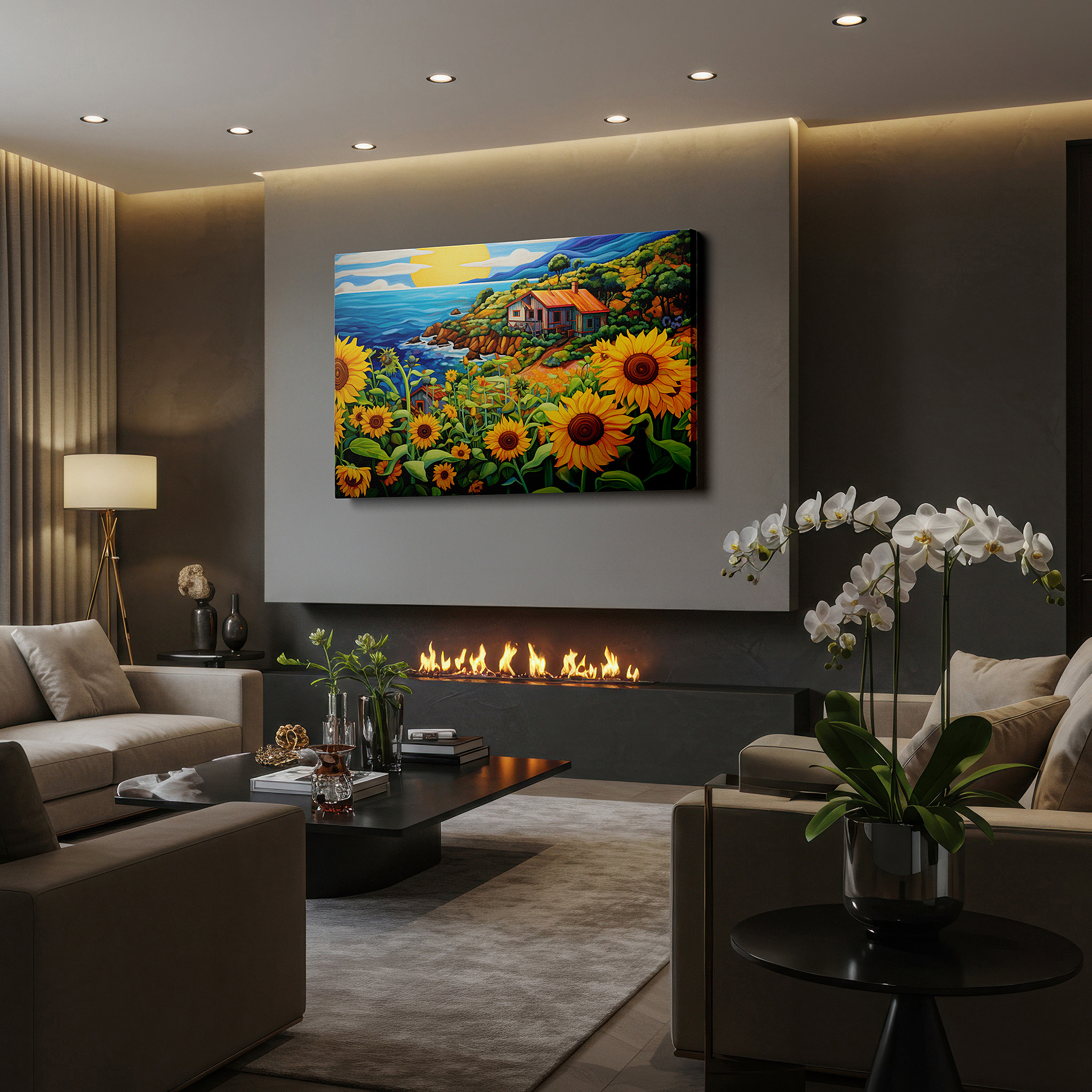 Displayed above a contemporary leather sofa in warm light — sunset glow and blooming sunflowers coastal retreat large canvas wall art for office and bedroom decor